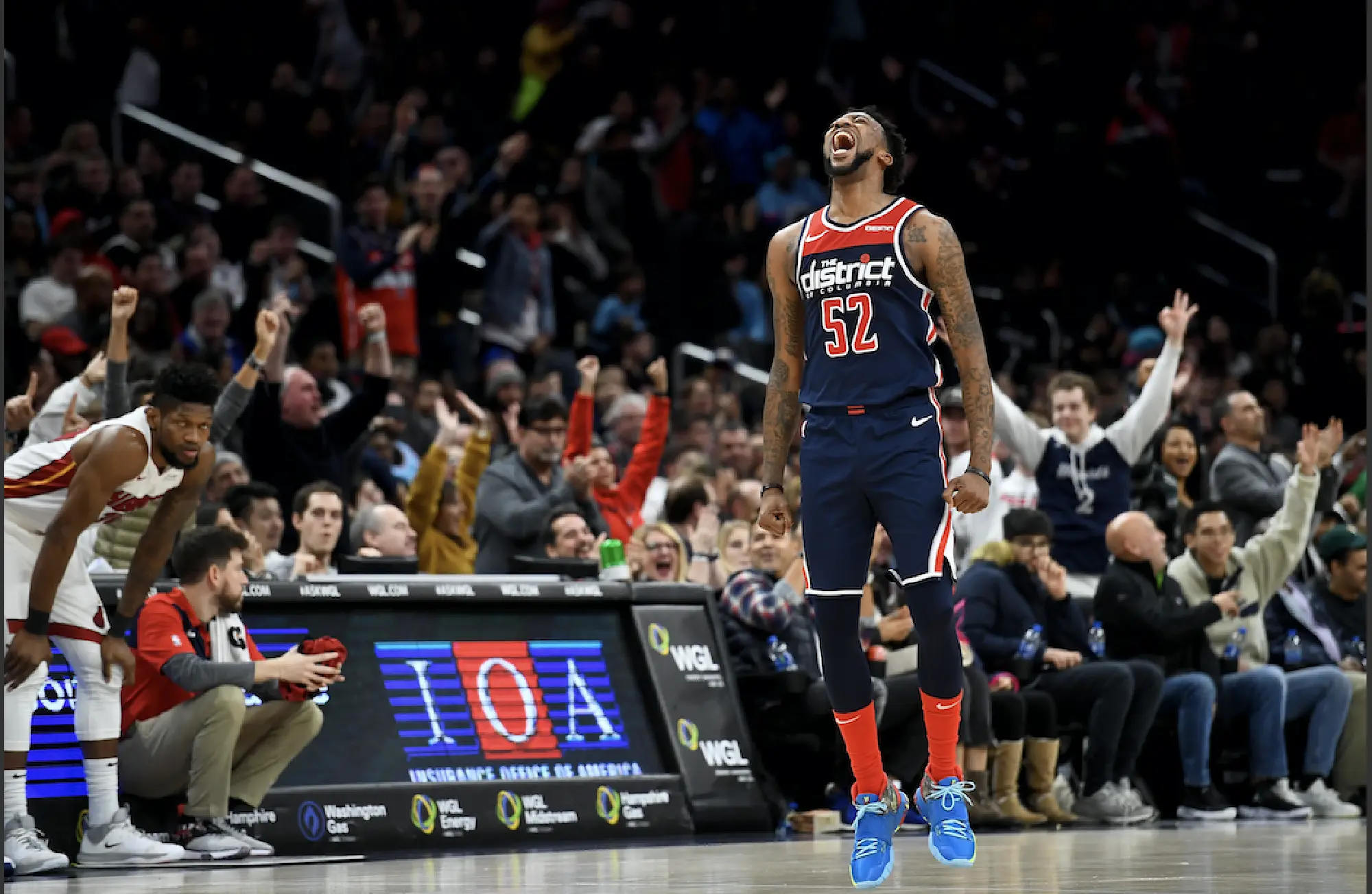 Washington Wizards guard Jordan McRae screams after hitting a three-pointer late in the second half against the Miami Heat on Monday, Dec. 30, 2019. He scored 29 points to help the Washington Wizards beat the Miami Heat 123-105. MUST CREDIT: Washington Post photo by Katherine Frey