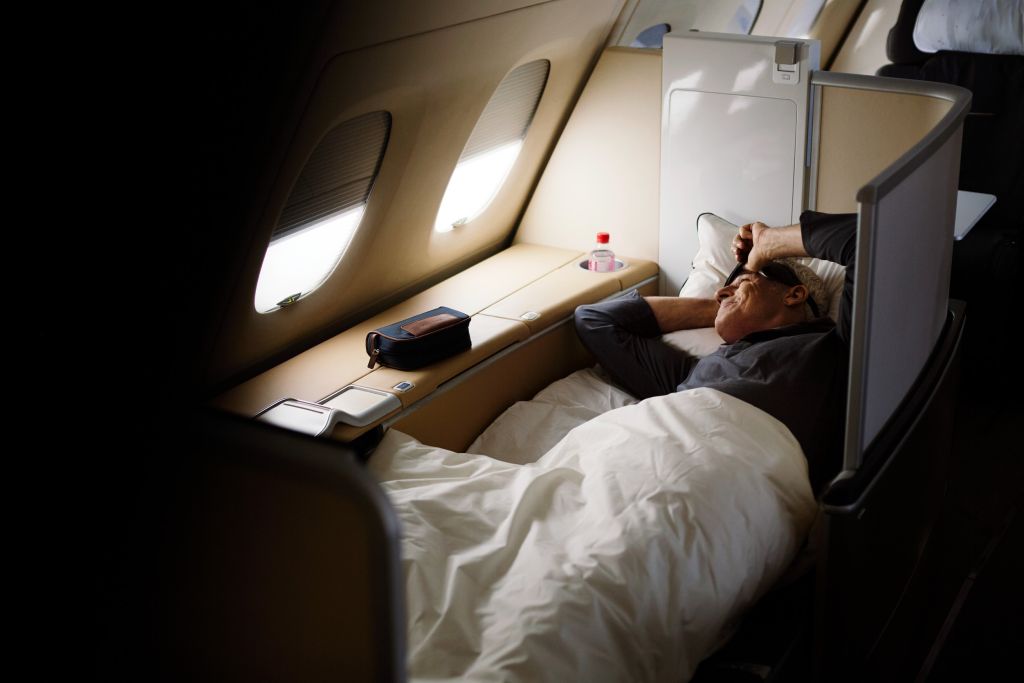 In First Class, the seat can be converted into a 2-metre-long bed with a comfortable mattress and a temperature-regulating duvet. 
