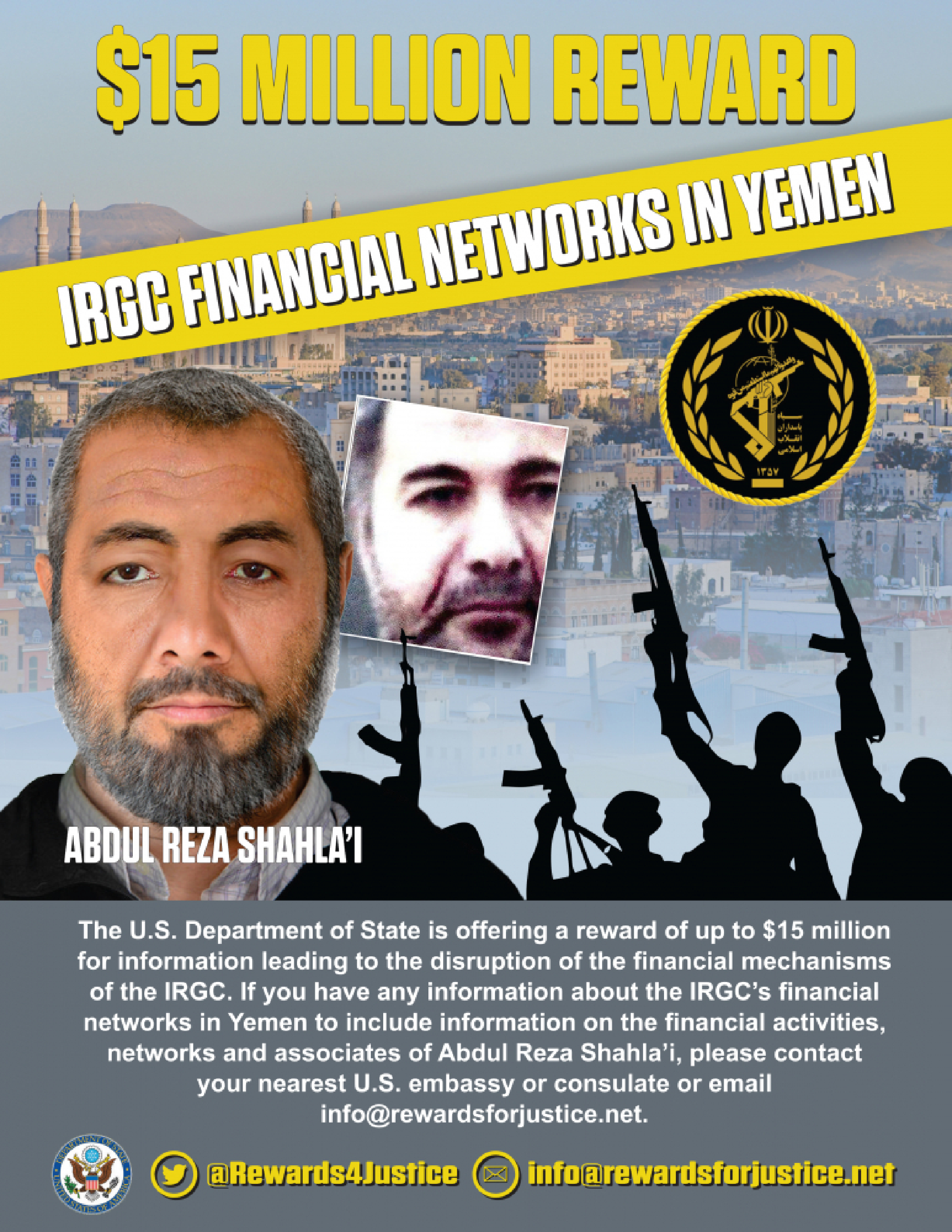 A State Department wanted poster for Abdul Reza Shahlai. MUST CREDIT: U.S. Department of State handout photo Photo by: State Department — Handout