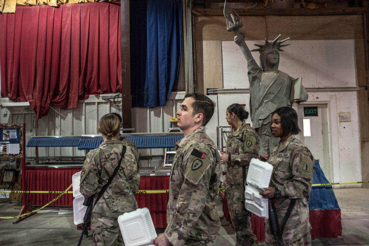 U.S. military personnel line up at the cafeteria inside the Ain al-Asad base near Anbar, Iraq, on Jan. 13, 2019. MUST CREDIT: Photo for The Washington Post by Emilienne Malfatto