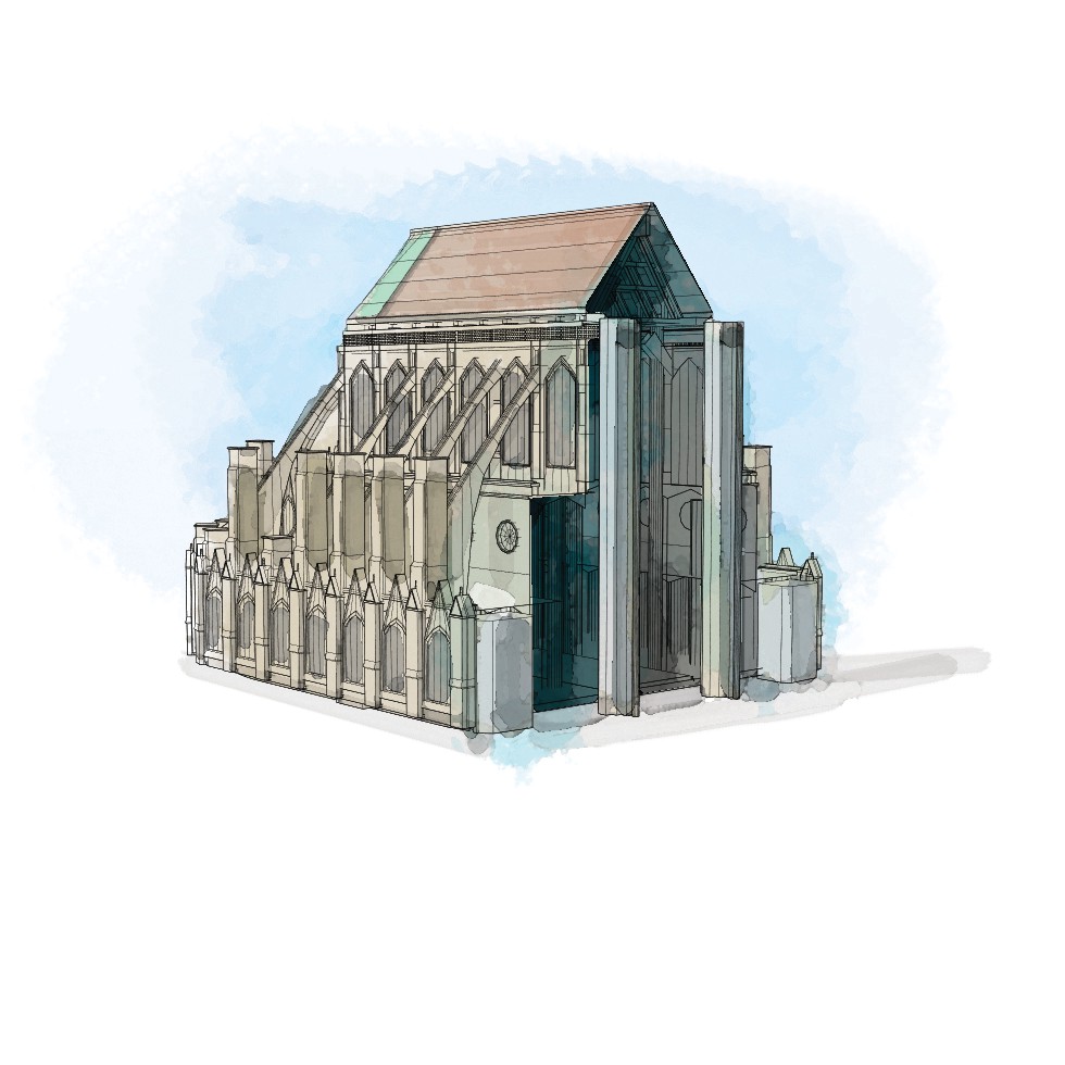 By 1182, much of the cathedral's choir - the liturgical core of the building, then reserved for the clergy - with its iconic flying buttresses supporting its tall walls and roof, had been completed. MUST CREDIT: Washington Post illustration by Aaron Steckelberg