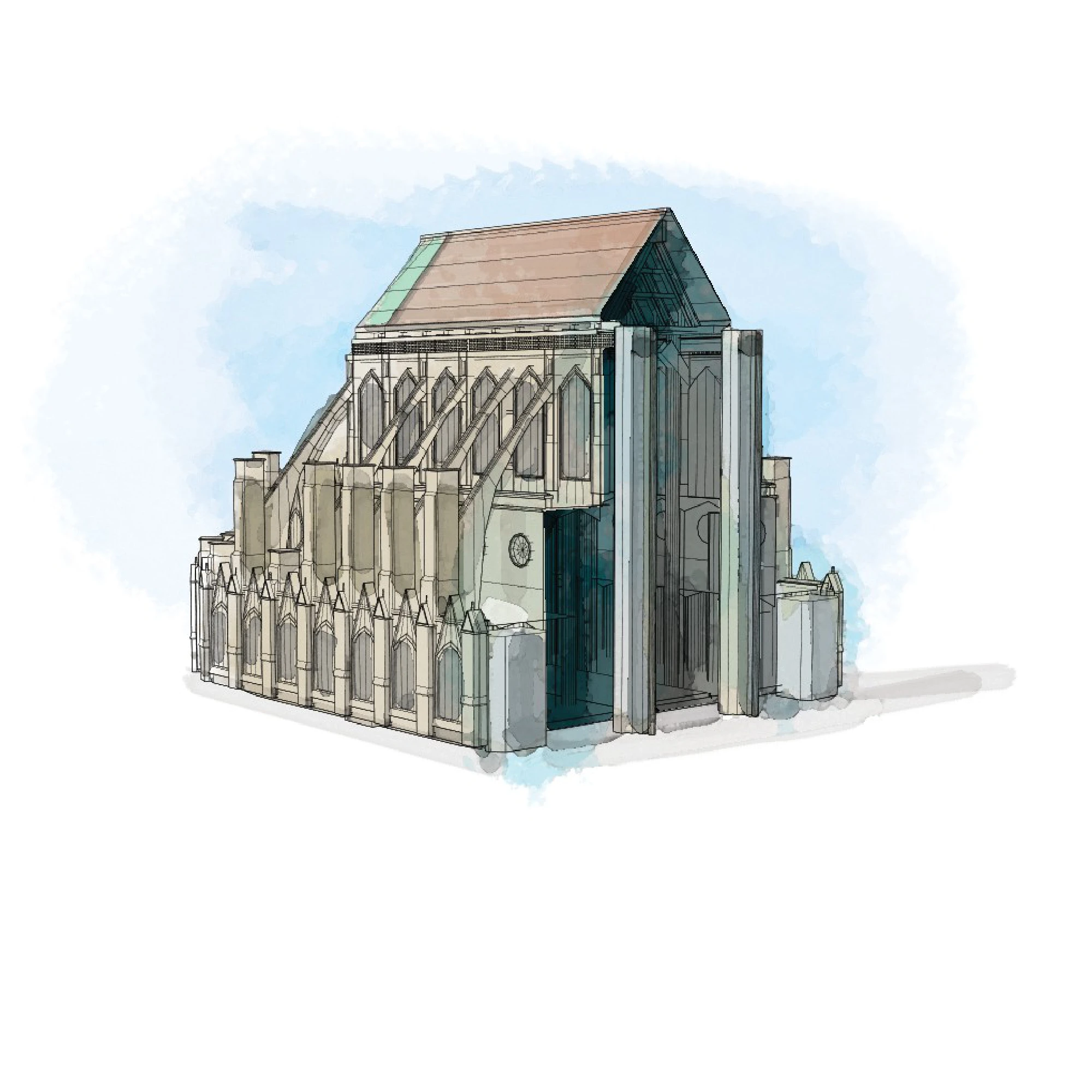 By 1182, much of the cathedral's choir - the liturgical core of the building, then reserved for the clergy - with its iconic flying buttresses supporting its tall walls and roof, had been completed. MUST CREDIT: Washington Post illustration by Aaron Steckelberg
