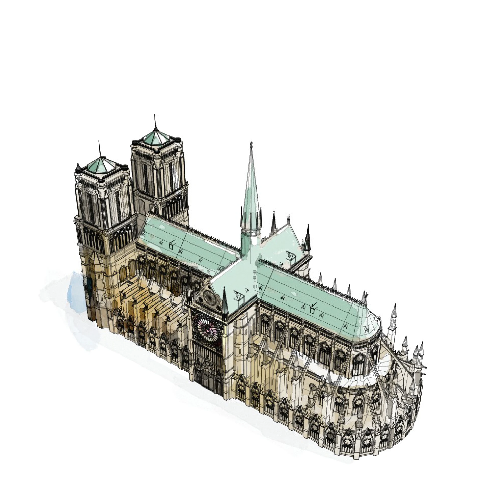 Beginning in the mid-1220s, much of Notre Dame was remade to be more in line with contemporary architectural tastes. The two western towers were finished and a spire was added to the crossing of the nave and transept. The last major phase of the original construction ended in the mid-14th century, more than 150 years after it had begun. By the late 18th century, the original spire was removed before it could collapse from decay. The cathedral remained without a spire until 1859, when one designed by Eugène Emmanuel Viollet-le-Duc was added as part of an extensive 20-year renovation. Over the next 160 years, alterations and repairs continued to be made. MUST CREDIT: Washington Post illustration by Aaron Steckelberg