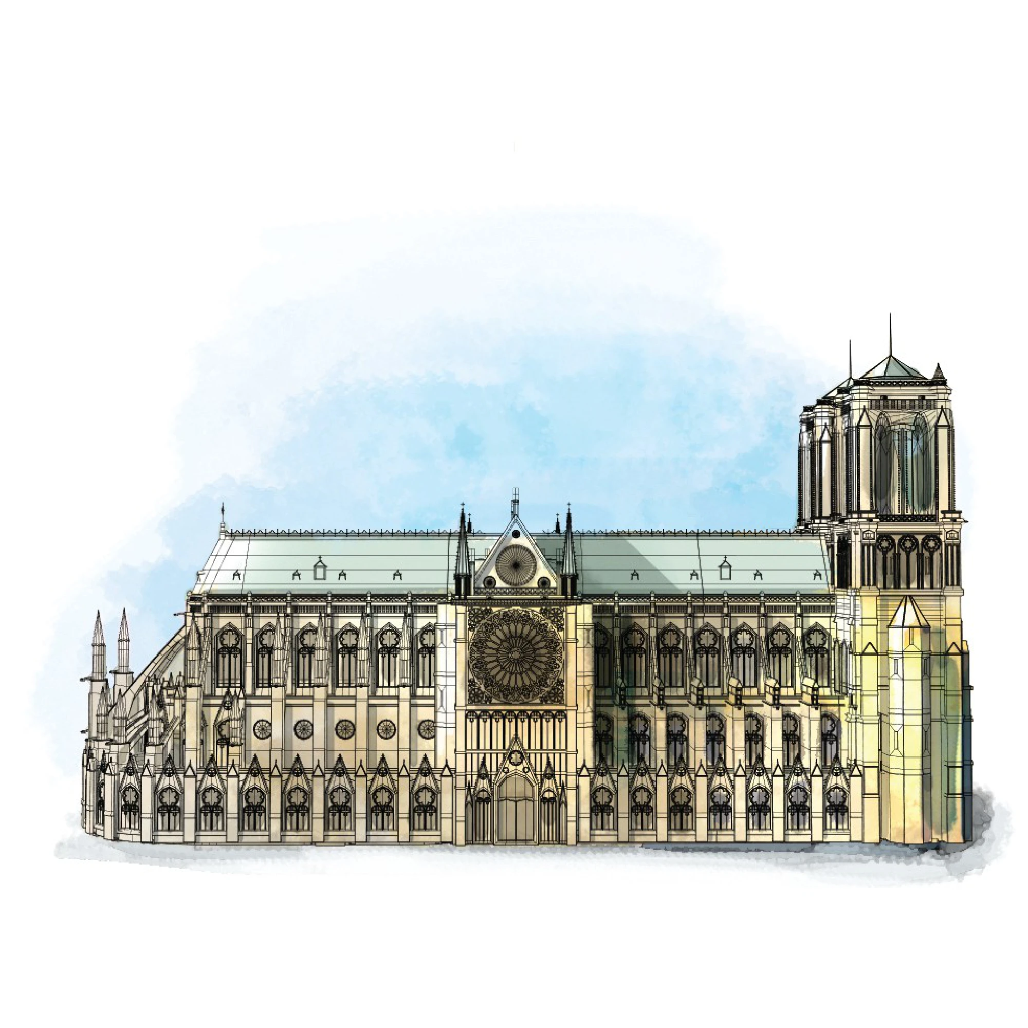In the spring of 2019, the most recent renovations to the cathedral were underway. Scaffolding was erected around the spire to make repairs, and days before the fire, 16 statues at the base of the spire were removed. MUST CREDIT: Washington Post illustration by Aaron Steckelberg