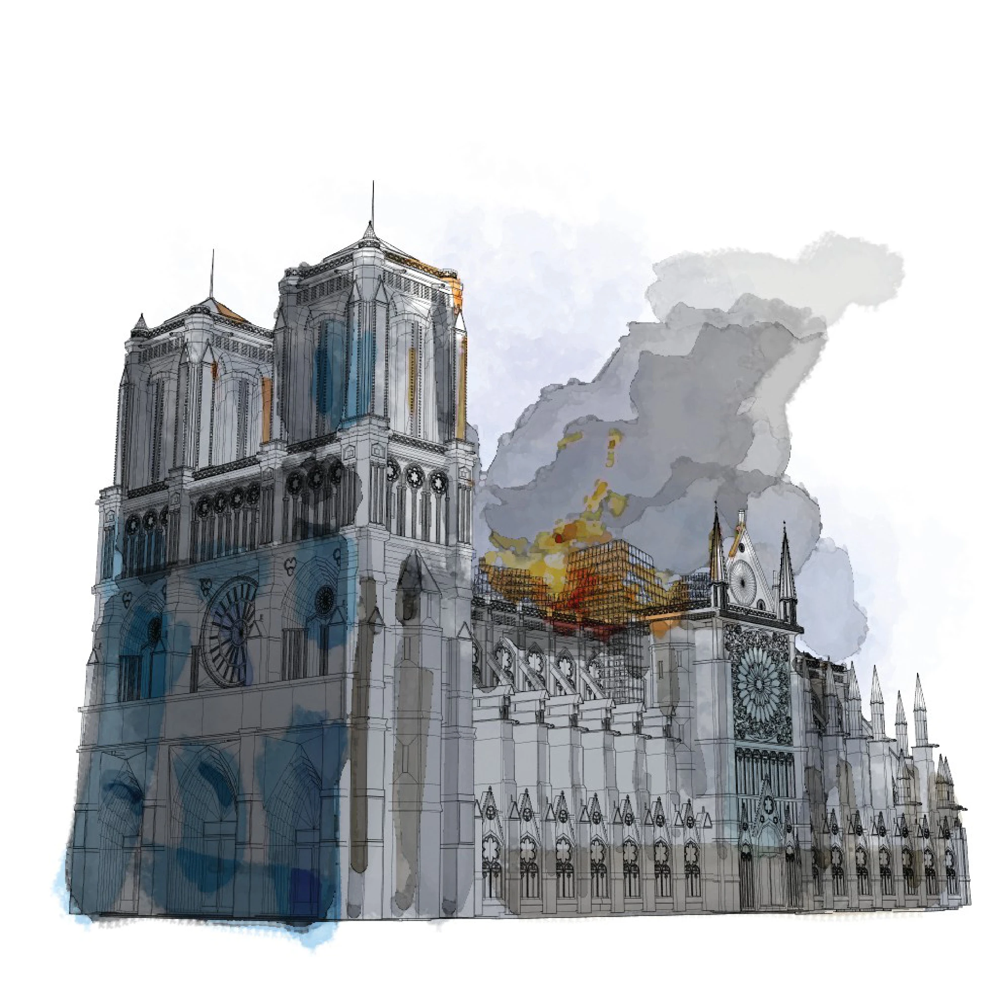 On April 15, a massive fire broke out. Over several hours, flames raged and eventually destroyed Notre Dame's spire, roof and timbers within. An official cause has still not been determined, although early speculation centered on an electrical source, or a discarded cigarette. MUST CREDIT: Washington Post illustration by Aaron Steckelberg