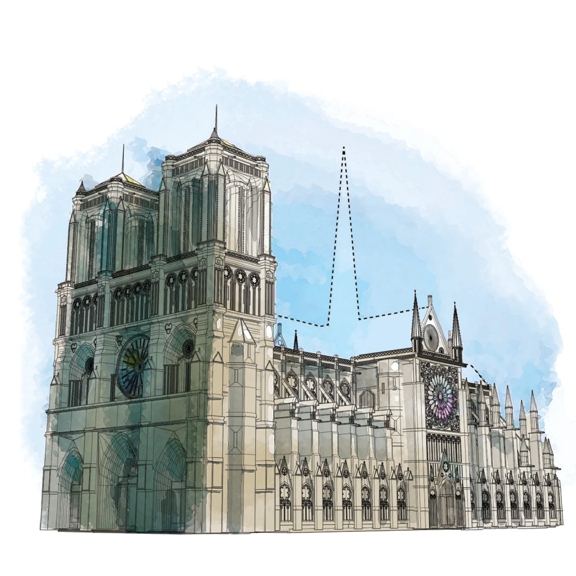 After the fire, debate began almost immediately about the cathedral's restoration. Should it be returned to its exact pre-fire configuration? Should the 19th-century spire be rebuilt? Or should it be updated for the 21st century and beyond? MUST CREDIT: Washington Post illustration by Aaron Steckelberg