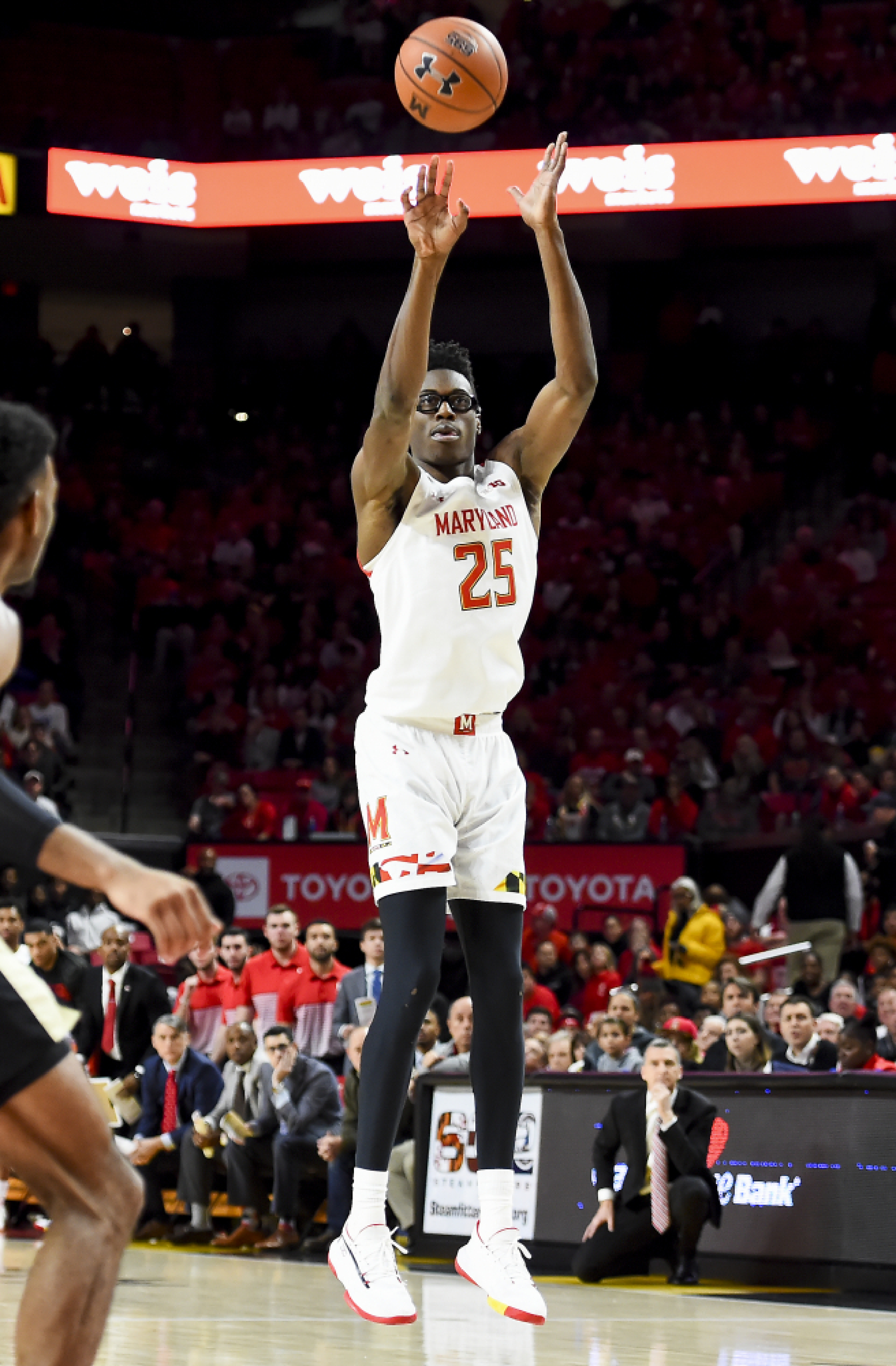 Maryland's Jalen Smith releases a shot during the first half Saturday against Purdue. Smith finished with a double-double and was a force on the defensive end. MUST CREDIT: Photo by Will Newton for The Washington Post