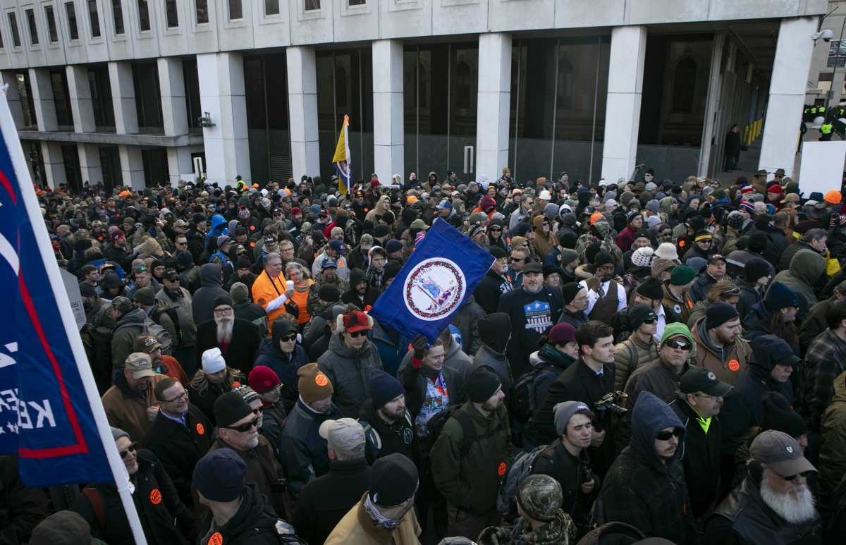 Thousands line the streets before the official kickoff of the gun-rights rally in Richmond, Va., on Jan. 20, 2020. MUST CREDIT: Photo for The Washington Post by Julia Rendleman