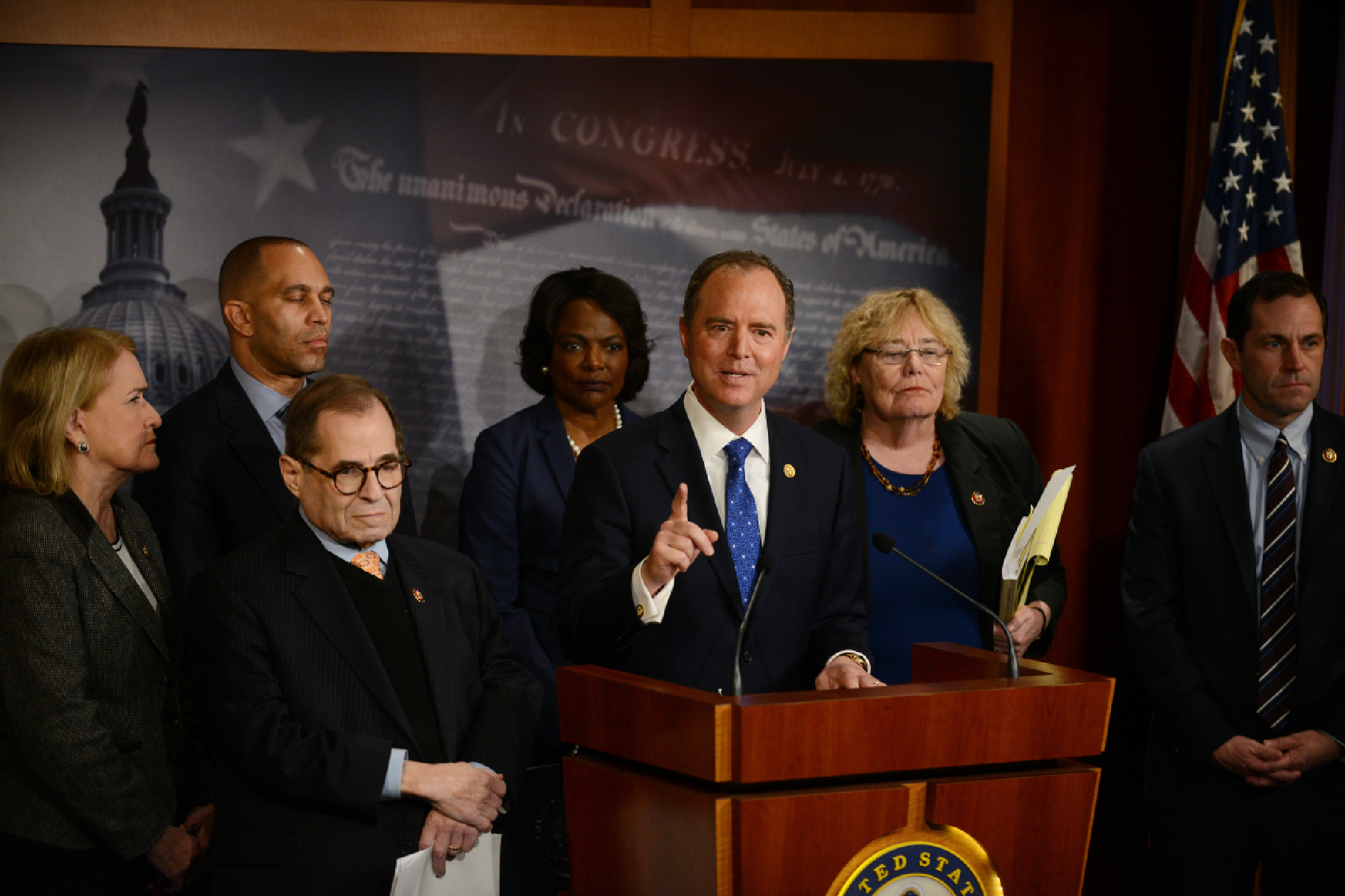 Lead House impeachment manager Adam Schiff, D-Calif., and other impeachment officials hold a news conference at the end of the fifth day of the Senate impeachment trial of President Donald Trump on Saturday, Jan. 25, 2020. MUST CREDIT: Photo for The Washington Post by Astrid Riecken