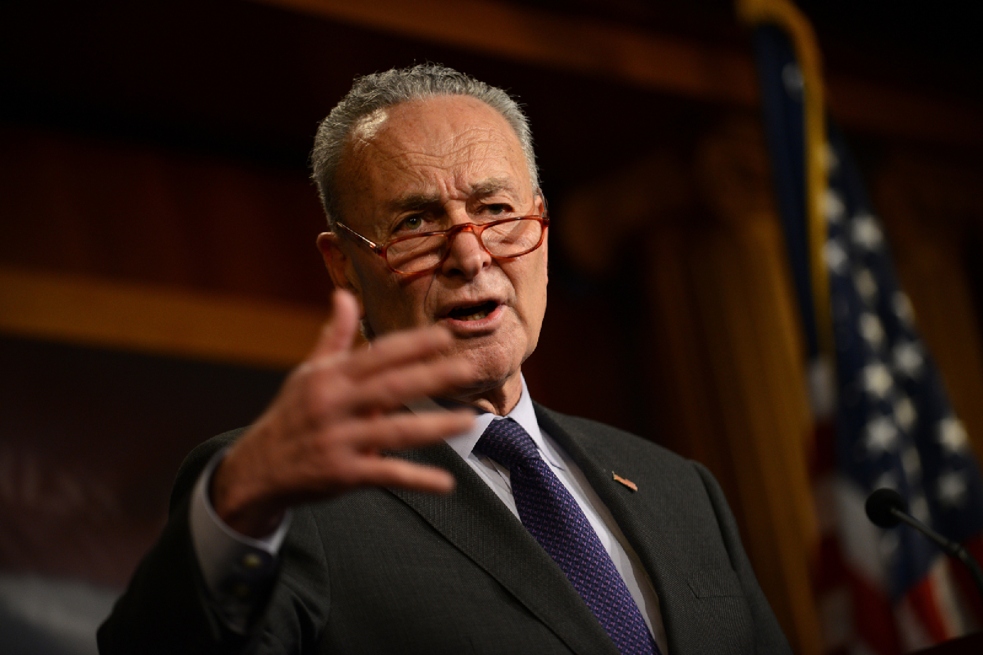 Senate Minority Leader Chuck Schumer, D-N.Y., speaks during a news conference about the Senate impeachment trial of President Donald Trump on Saturday, Jan. 25, 2020. MUST CREDIT: Photo for The Washington Post by Astrid Riecken