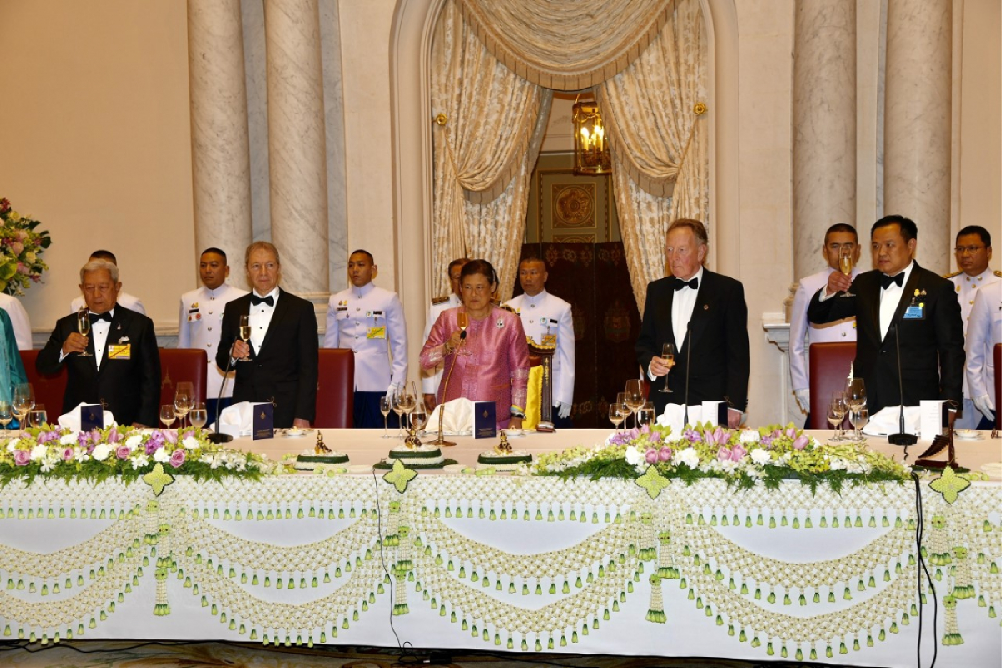 Thursday, 30th January, 2020, 19.30 hours, Her Royal Highness Princess Maha Chakri Sirindhorn, as the representative of His Majesty the King, presided over the dinner party in honour of the Prince Mahidol Award Laureates 2019, from left Gen.Surayud Chulanont President of the Privy Council, Prof. Dr.Ralf F.W. Bartenschlager, Prof.David Mabey and Mr.Anutin Charnvirakul Deputy Prime Minister and Public Health Minister of Thailand at the Baromarajasathitmaholarn Hall in the Chakri Throne Hall in the Grand Palace.