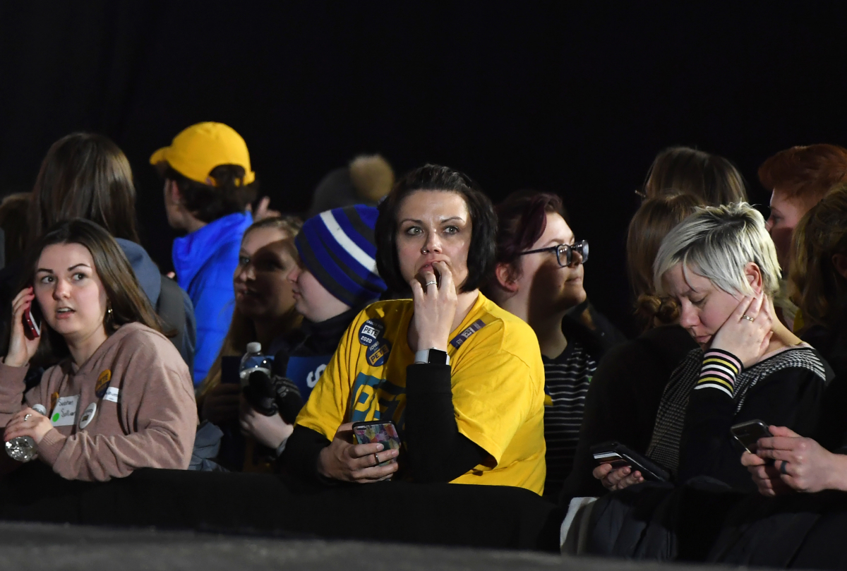 Supporters for former South Bend, Indiana, mayor Pete Buttigieg watch caucus results on the campus of Drake University in Des Moines, Iowa, on Monday, Feb. 3, 2020. MUST CREDIT: Washington Post photo by Matt McClain