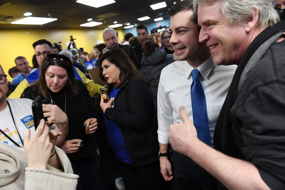 Former South Bend, Indiana, mayor Pete Buttigieg greets people at a West Des Moines, Iowa, field office on Monday, Feb. 3, 2020. MUST CREDIT: Washington Post photo by Matt McClain