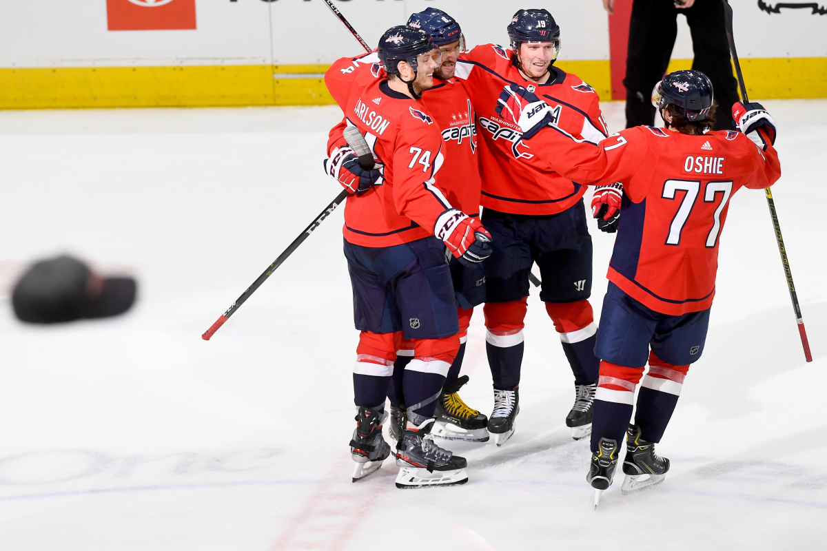 Washington Capitals left wing Alex Ovechkin celebrates his hat trick in the third period on Tuesday, Feb. 4, 2020. The Capitals defeated the Los Angeles Kings, 4-2, in Washington. MUST CREDIT: Washington Post photo by Katherine Frey