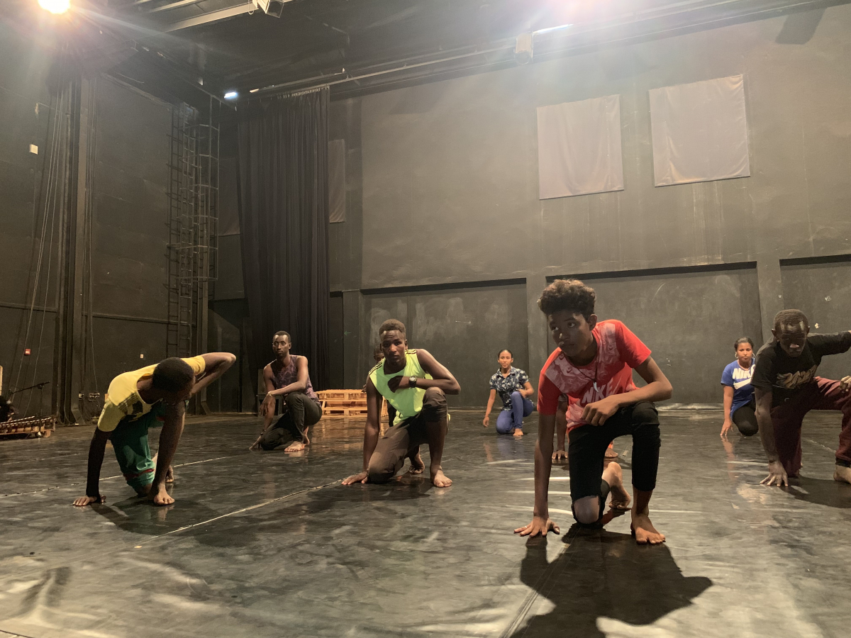 Amiri Ag Abdoulaye, in red, rehearses at the studio in Ouagadougou, Burkina Faso. MUST CREDIT: Washington Post photo by Danielle Paquette.