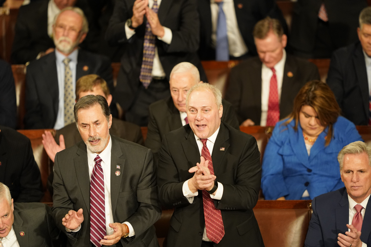 House Minority Whip Steve Scalise, R-La., lights up during the State of the Union address on Tuesday, Feb. 4, 2020. MUST CREDIT: Washington Post photo by Jabin Botsford