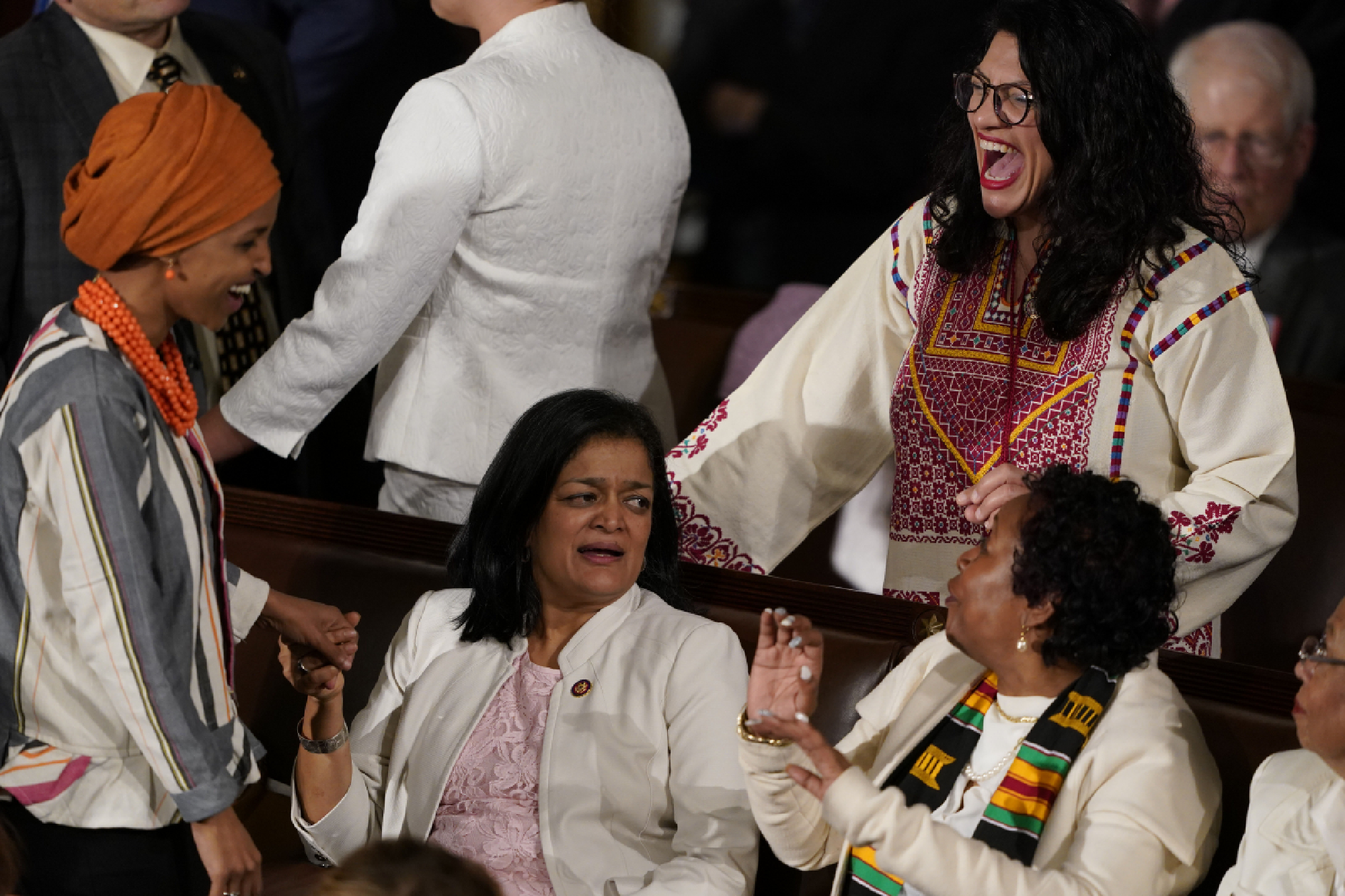Democratic Reps. Ilhan Omar of Minnesota, left, Pramila Jayapal of Washington state and Rashida Tlaib of Michigan talk before the State of the Union address Tuesday, Feb. 4, 2020. MUST CREDIT: Washington Post photo by Jabin Botsford