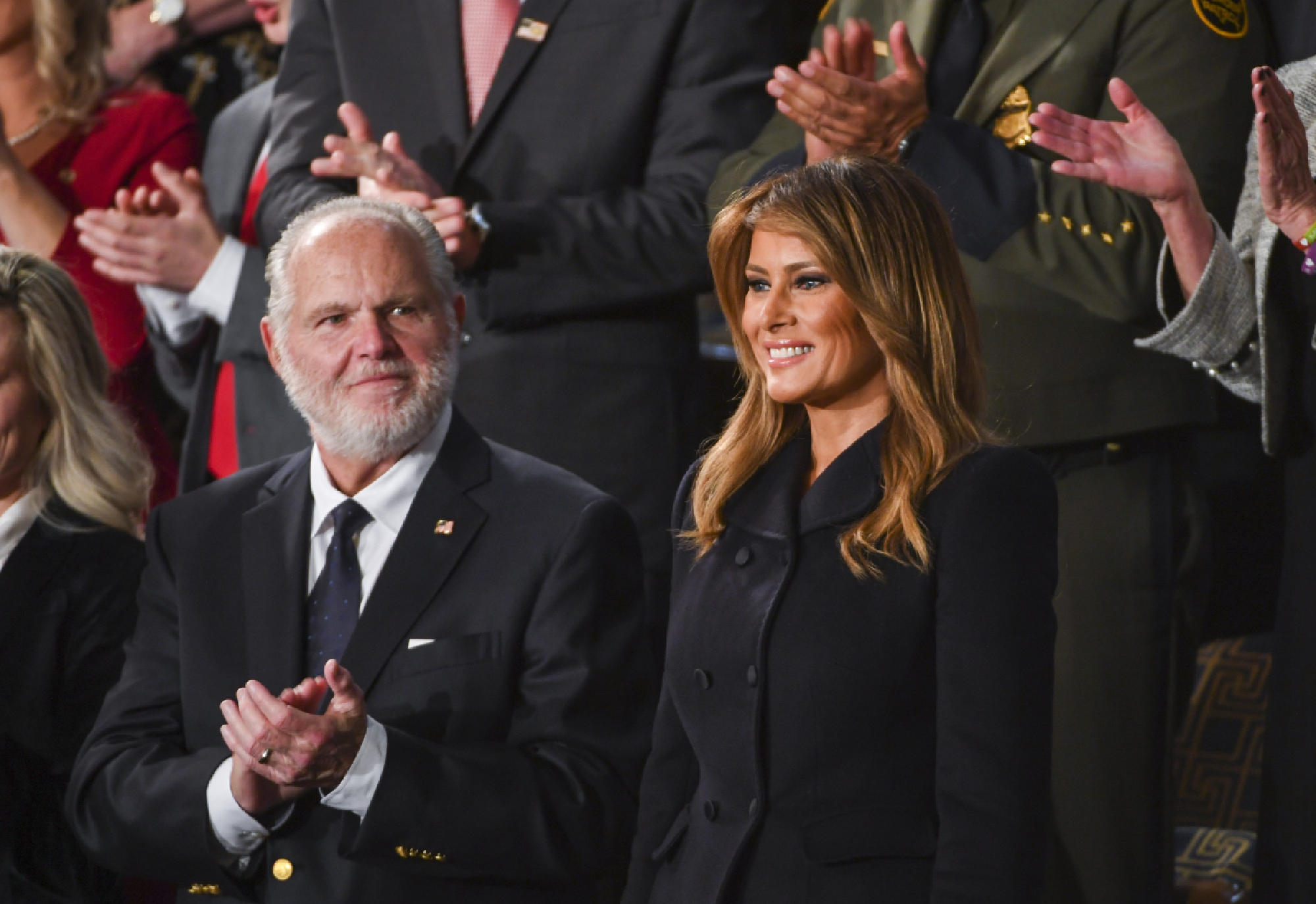 Rush Limbaugh, left, and first lady Melania Trump attend the State of the Union address Tuesday, Feb. 4, 2020. MUST CREDIT: Washington Post photo by Jonathan Newton