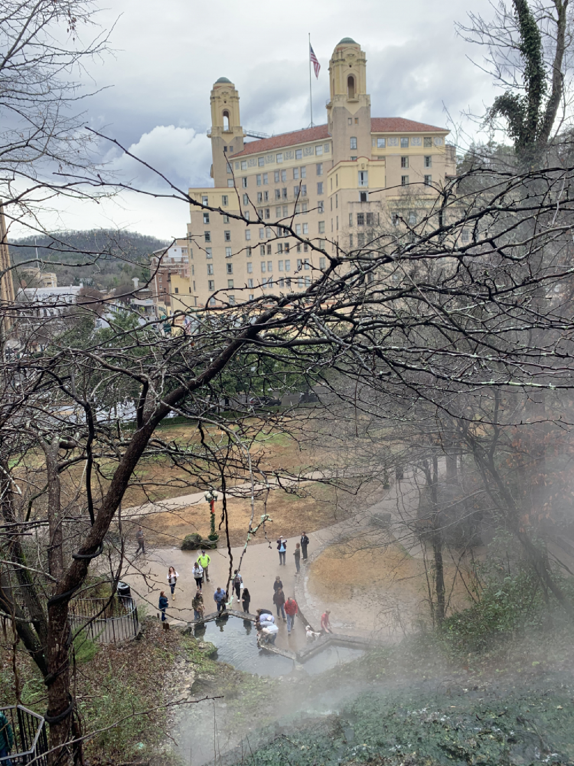 Steam from the Hot Water Cascade rises in front of the Arlington Hotel, built in 1924 and still the largest in Arkansas. MUST CREDIT: Photo for The Washington Post by Christine Dell'Amore