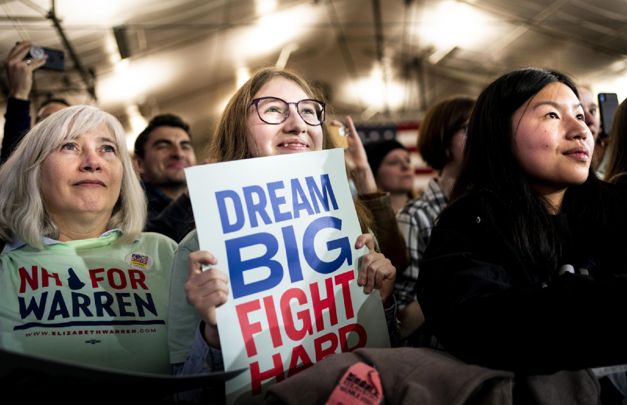 Supporters listen to Sen. Elizabeth Warren. D-Mass., speak Tuesday in Manchester, N.H., about how her campaign will continue. MUST CREDIT: Washington Post photo by Melina Mara.