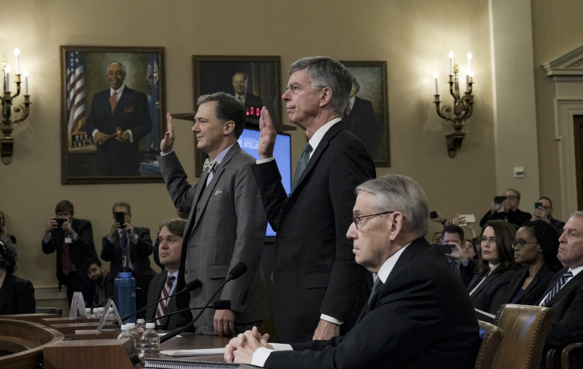 Ambassador William B. Taylor Jr. (right) and Deputy Assistant Secretary of State George Kent are sworn during impeachment hearings in Washington on Nov. 13, 2019. MUST CREDIT: Washington Post photo by Bonnie Jo Mount.