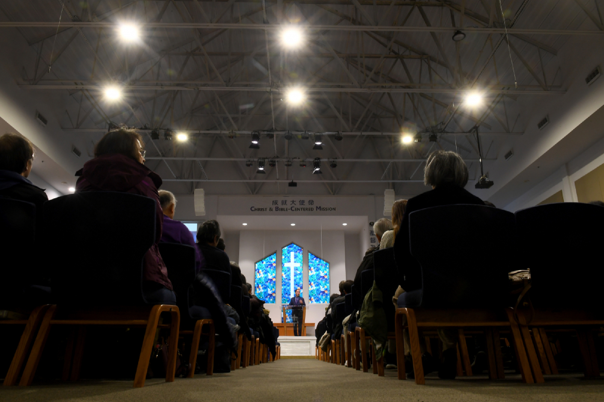 A few hundred people gather to listen to the sermon of the Rev. Hugo Cheng, performed almost entirely in Mandarin, at the Chinese Bible Church of Maryland in Rockville on Sunday, Feb. 16, 2020. MUST CREDIT: Washington Post photo by Katherine Frey