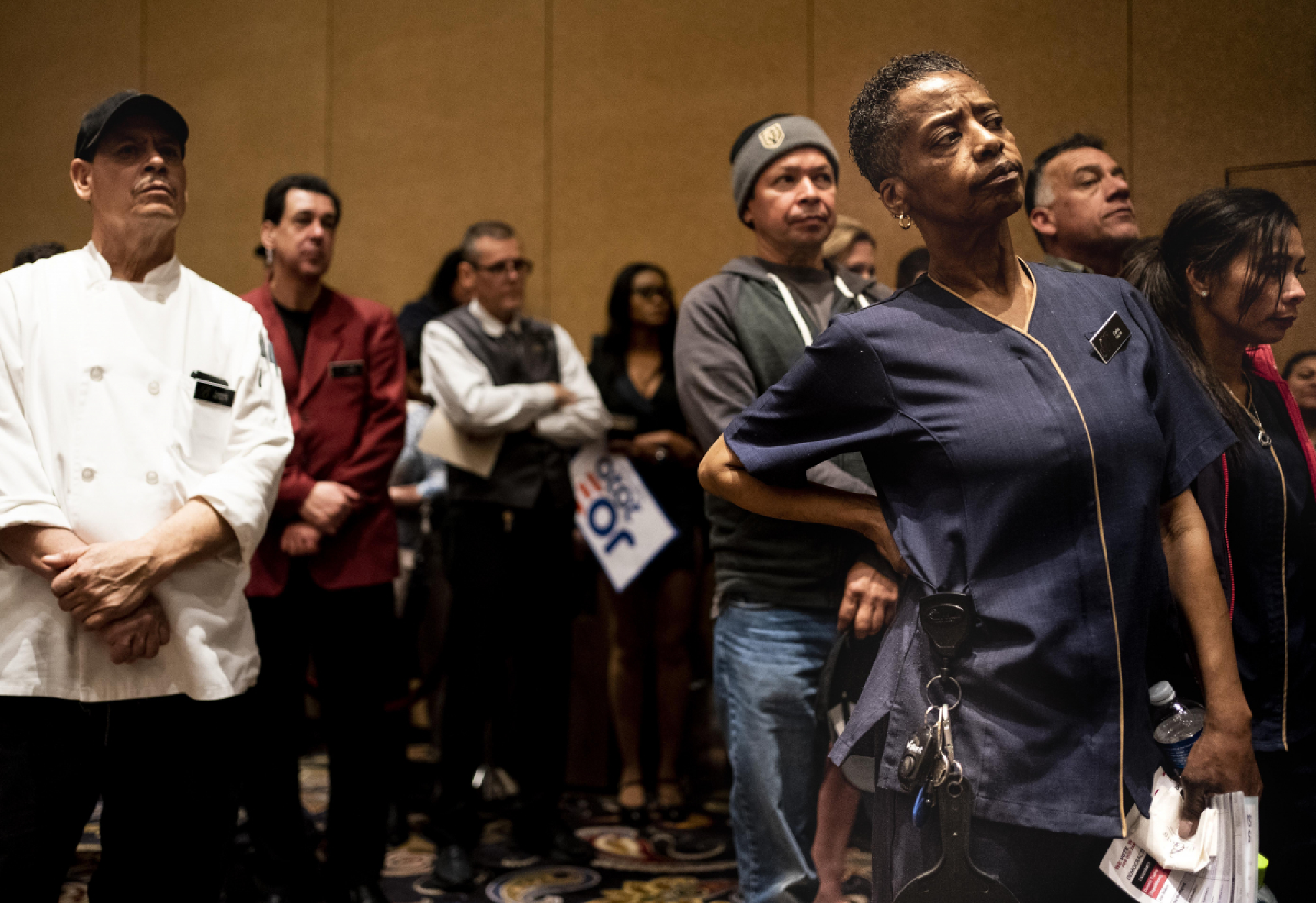 Hotel workers participate in a Democratic caucus at the Bellagio Casino and Hotel in Las Vegas on Saturday, Feb. 22, 2020. MUST CREDIT: Washington Post photo by Melina Mara