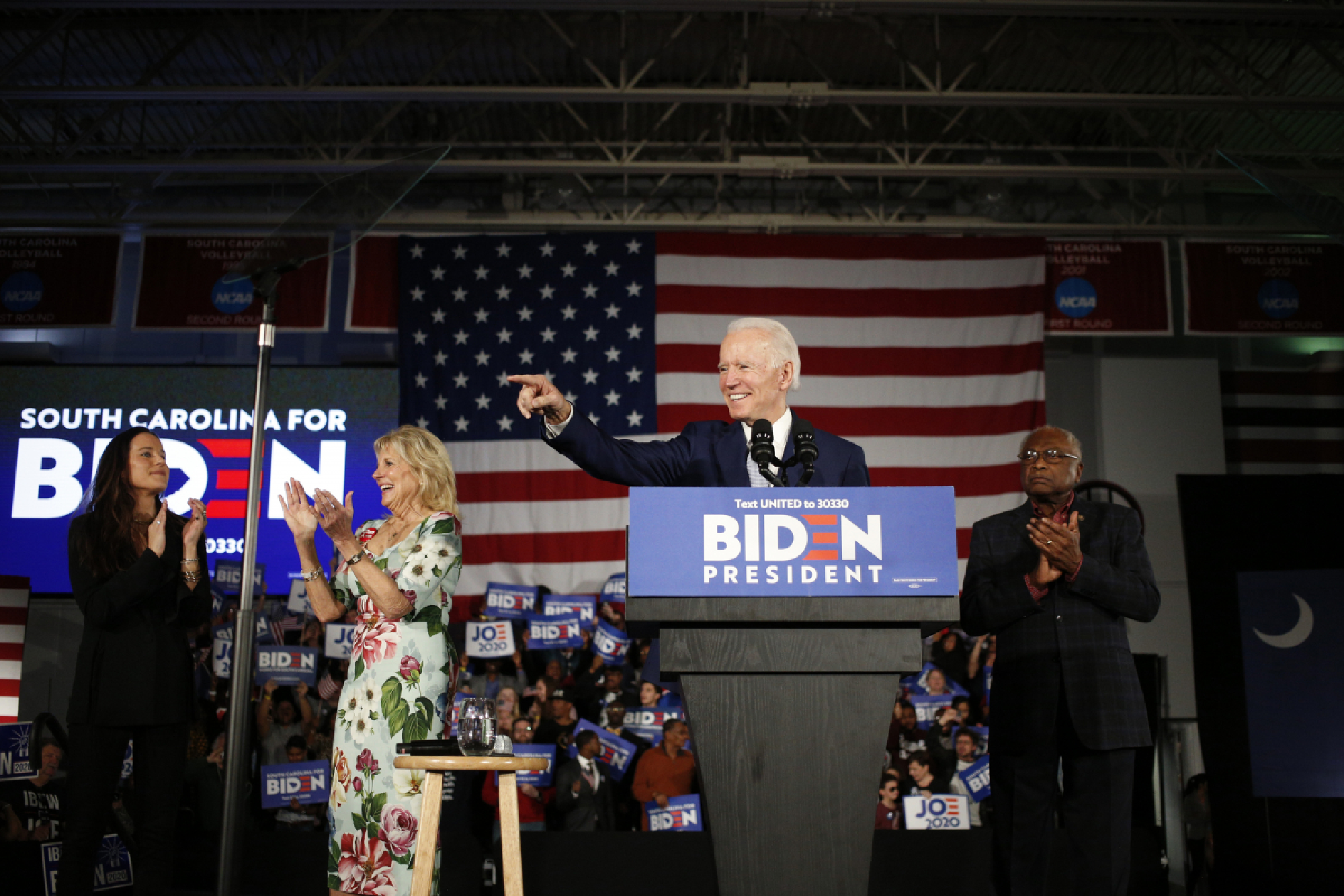 Former vice president Joe Biden celebrates after being declared the winner of the South Carolina primary at the University of South Carolina in Columbia on Feb. 29. MUST CREDIT: Photo for The Washington Post by Luke Sharrett