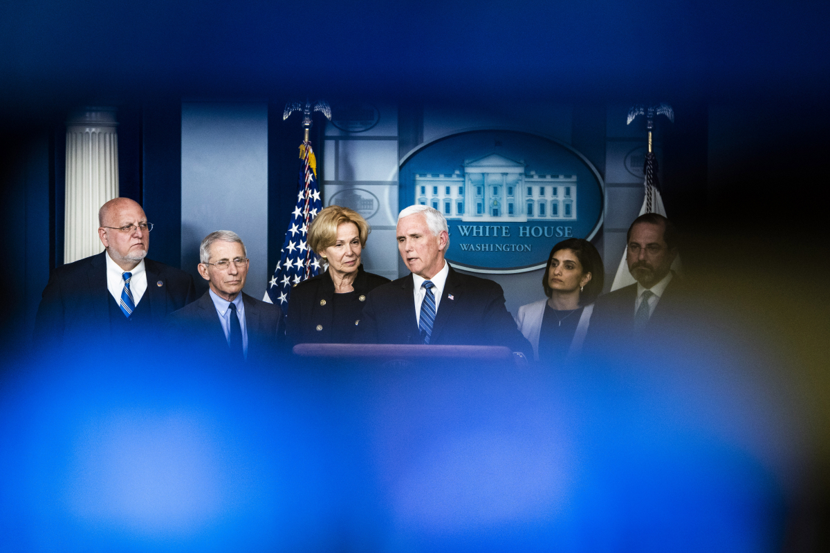 Vice President Mike Pence, center, leads a press briefing Monday with members of the coronavirus task force at the White House. Washington Post photo by Jabin Botsford.