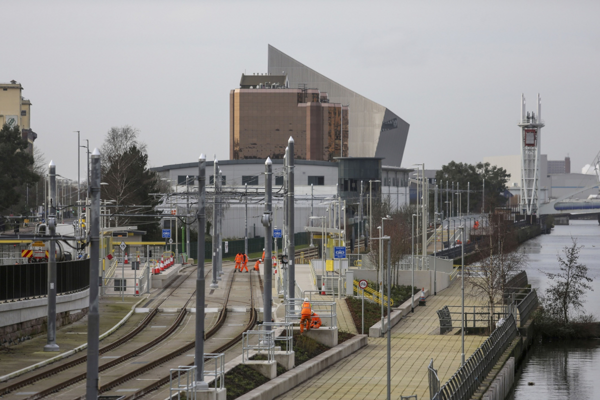 Workmen work on the site of the new Wharfeside tram stop in Trafford Park in Manchester, England, on Feb. 5, 2020. MUST CREDIT: Bloomberg photo by Paul Thomas.