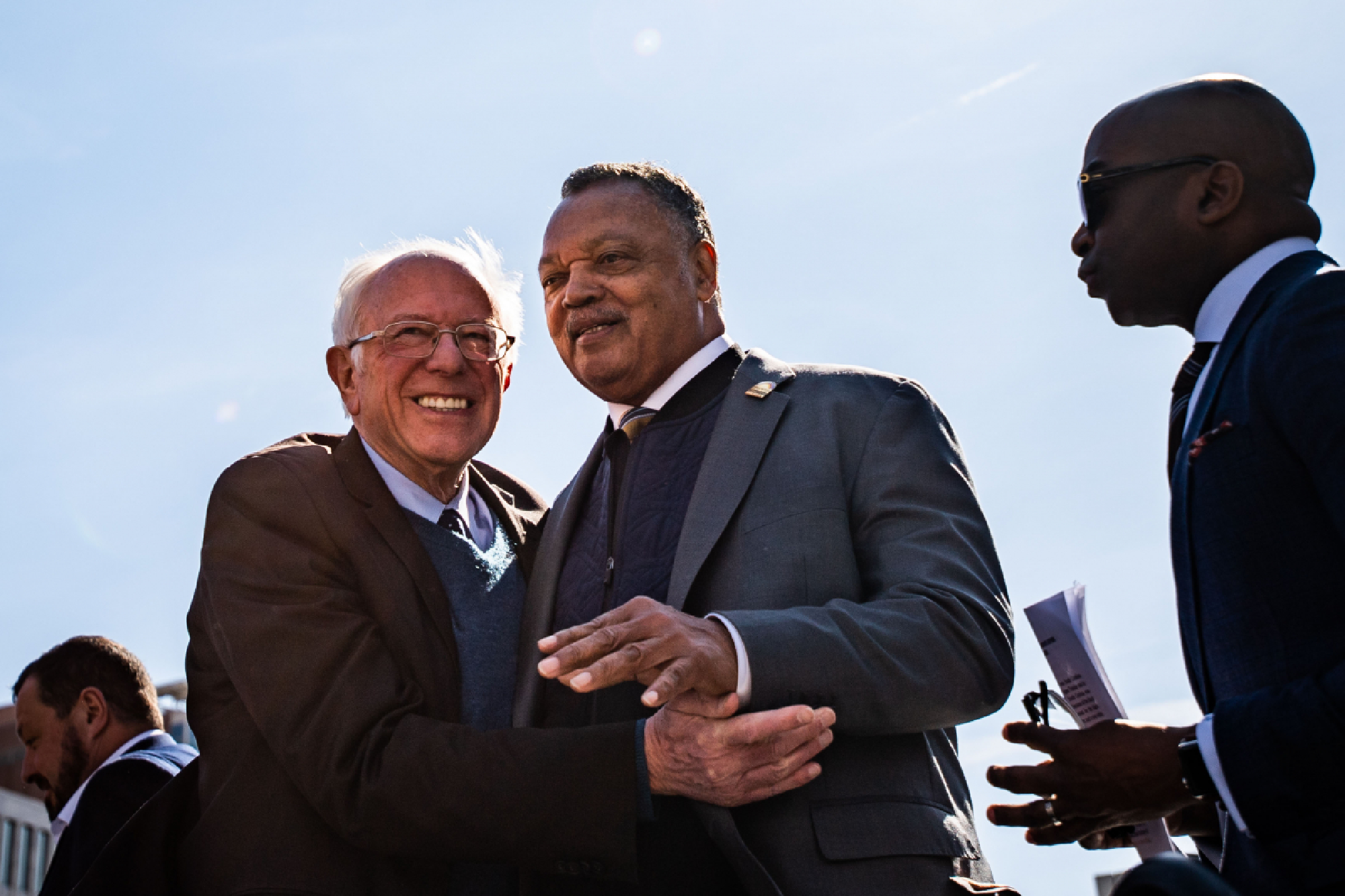 Sen. Bernie Sanders, I-Vt., introduces Rev. Jesse L. Jackson, Sr., to the stage during a rally at Calder Plaza on Sunday in Grand Rapids, Mich., MUST CREDIT: Washington Post photo by Salwan Georges