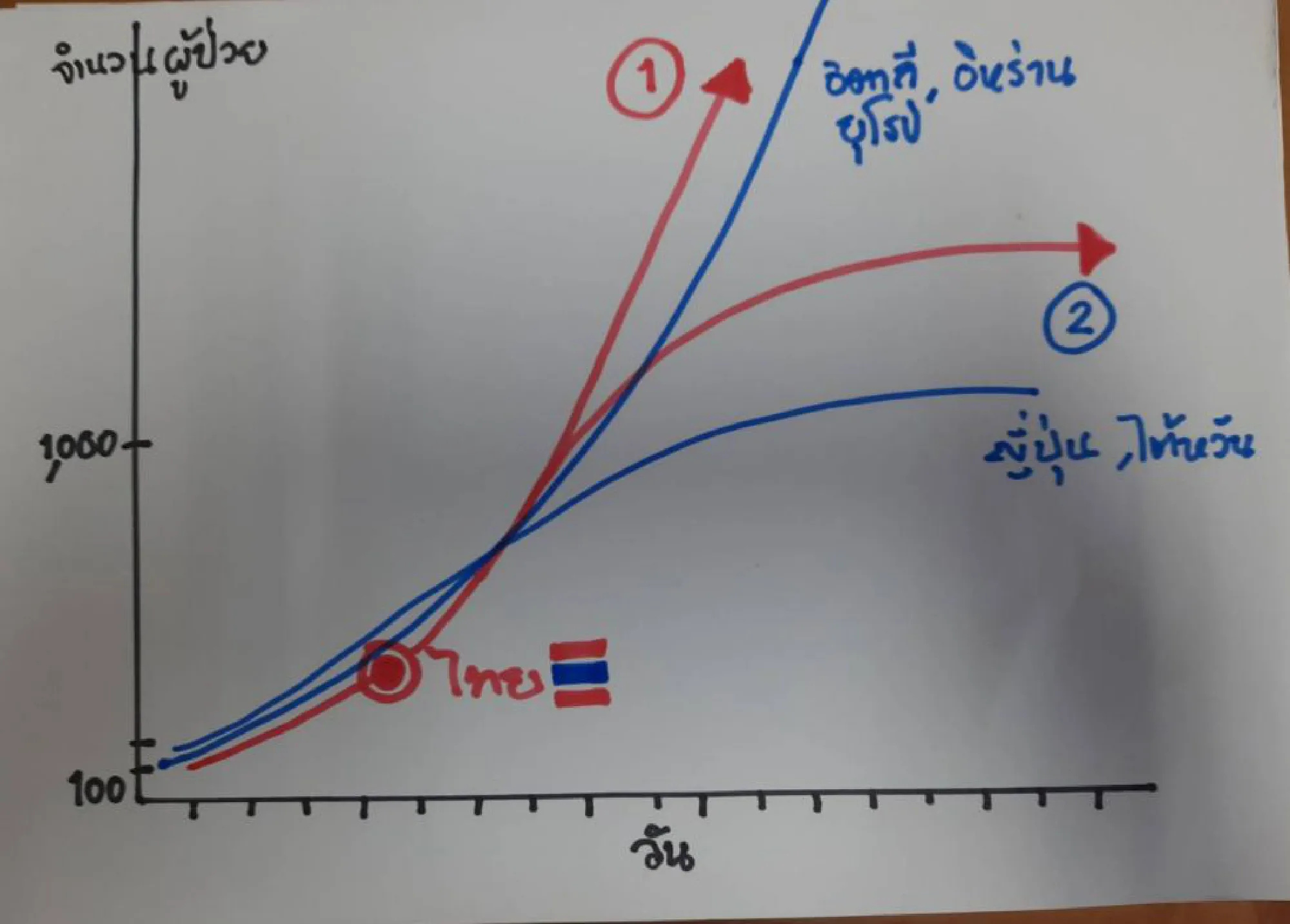 Hand drawn graph showing two possible ways of Thailand to either follow Western countries nor Japan and Taiwan depending on national citizens. 