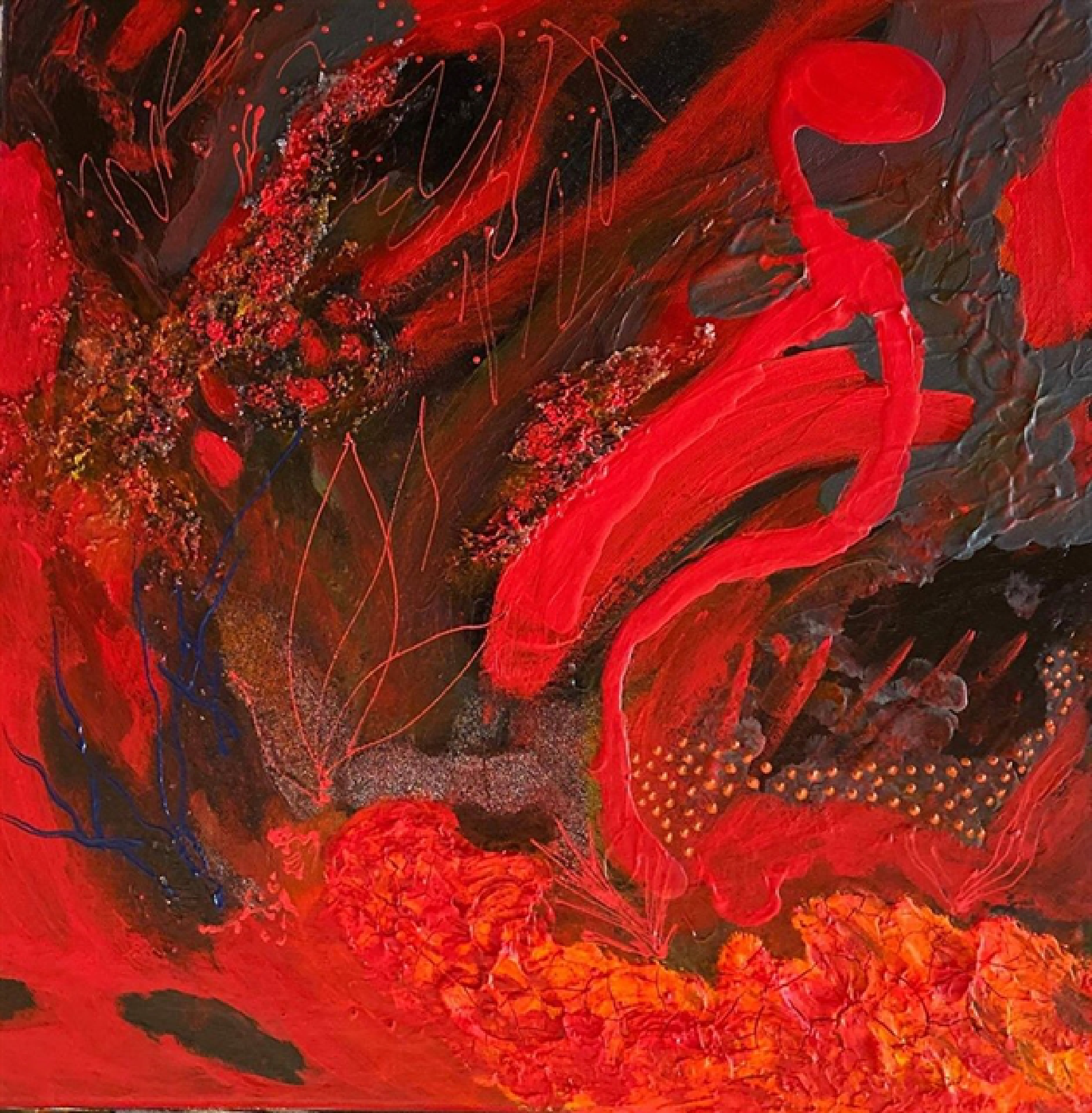 A acrylic painting measuring 45cm by 45cm by Gloria Keh. 