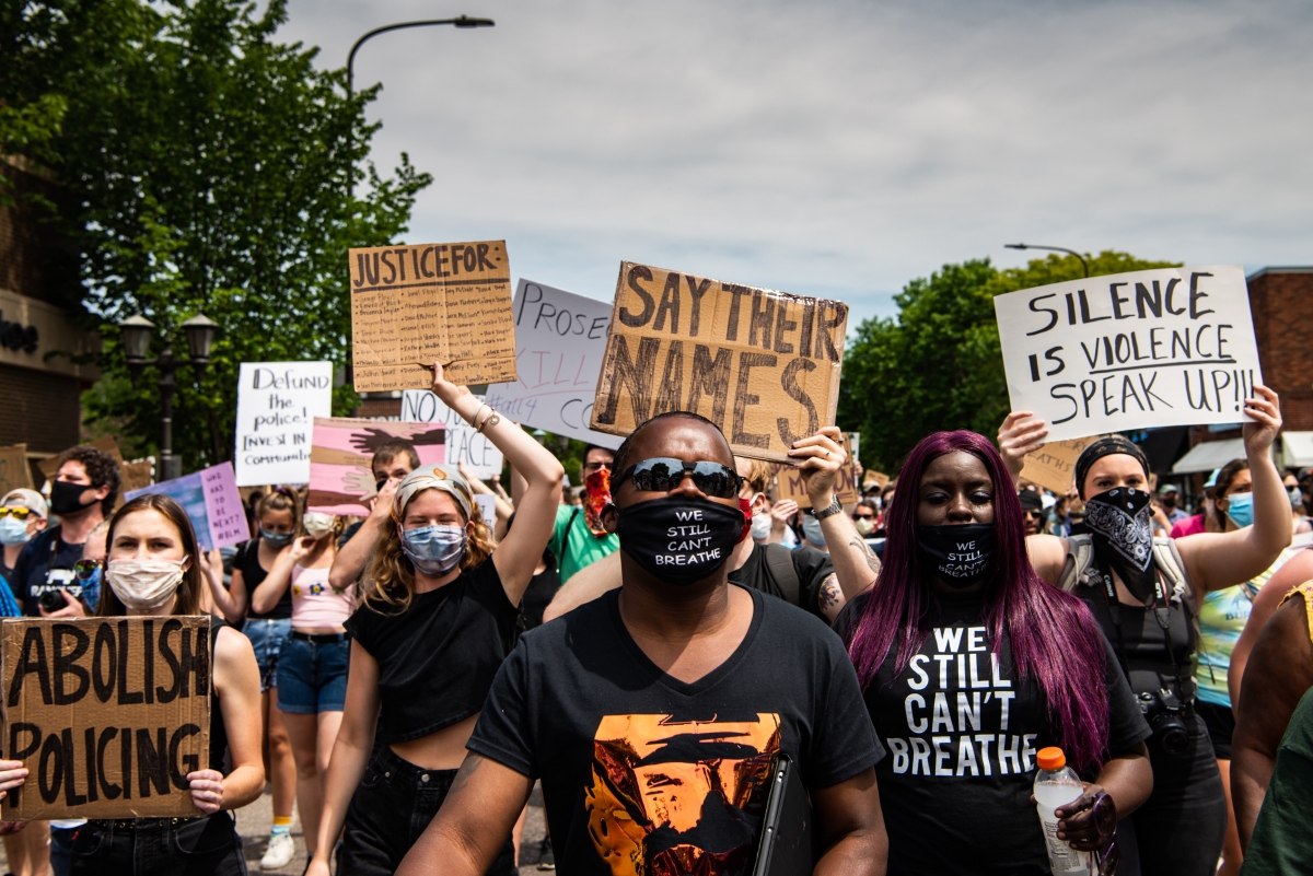 Demonstrators march near the Governor's Residence on Saturday in St. Paul, Minn., to protest in the wake of George Floyd's death. MUST CREDIT: Washington Post photo by Salwan Georges