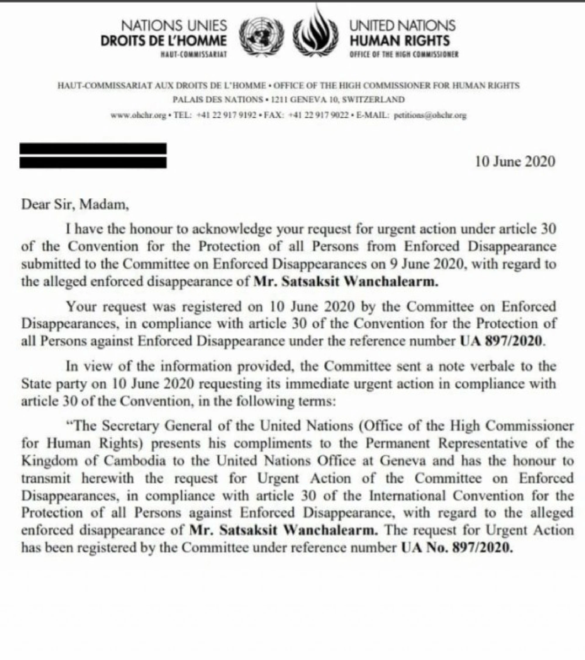 UN gives Cambodia until June 24 to report on disappearance of Thai activist