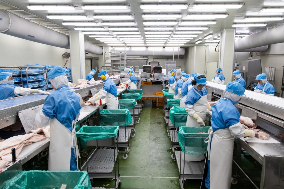CJ CheilJedang employees sort cuts of pork on the production line for Spam ham at the company's factory in Jincheon, South Korea in 2019. MUST CREDIT: Bloomberg photo by SeongJoon Cho.