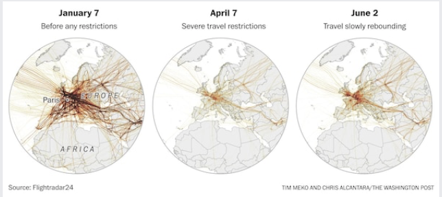 Travel is one of the clearest ways to show how the coronavirus has disrupted the world. This globe shows the disappearance of flights over a five-month period, as covid-19 emerged in China and restrictions on global travel began to take hold.