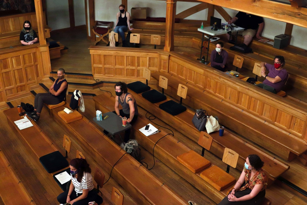 The Summer 2020 SafeStart Season acting company rehearses socially distanced Shakespeare in ASC's Blackfriars Playhouse. MUST CREDIT: Dan Hasse/American Shakespeare Center