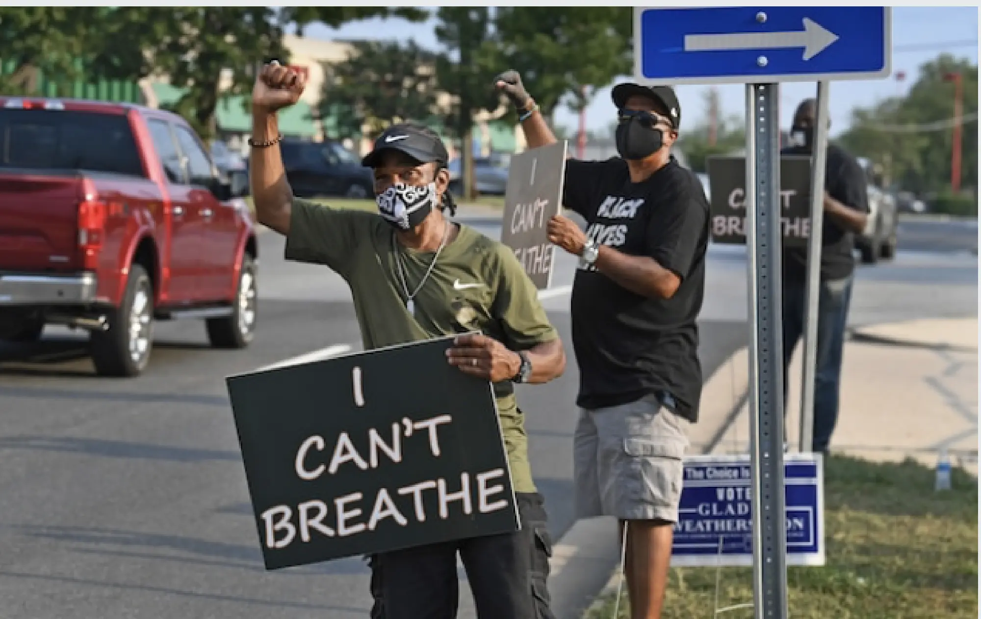 Louis Harper, left, leads a protest in front of the Fish Market restaurant in Clinton, Md., on July 7, 2020. MUST CREDIT: Washington Post photo by Michael S. Williamson
