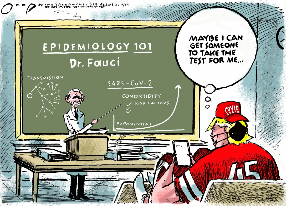The Sacramento Bee's Jack Ohman portrays the president taking a class with Dr. Fauci. MUST CREDIT: Jack Ohman, Sacramento Bee, dist. by WPWG.