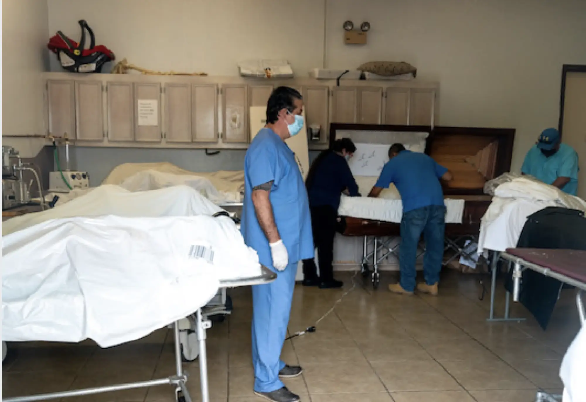 Embalmer and funeral director Sonny Gonzalez begins preparing a body to be moved to a casket at Rivera Funeral Homes in McAllen, Texas. MUST CREDIT: Photo for The Washington Post by Ilana Panich-Linsman