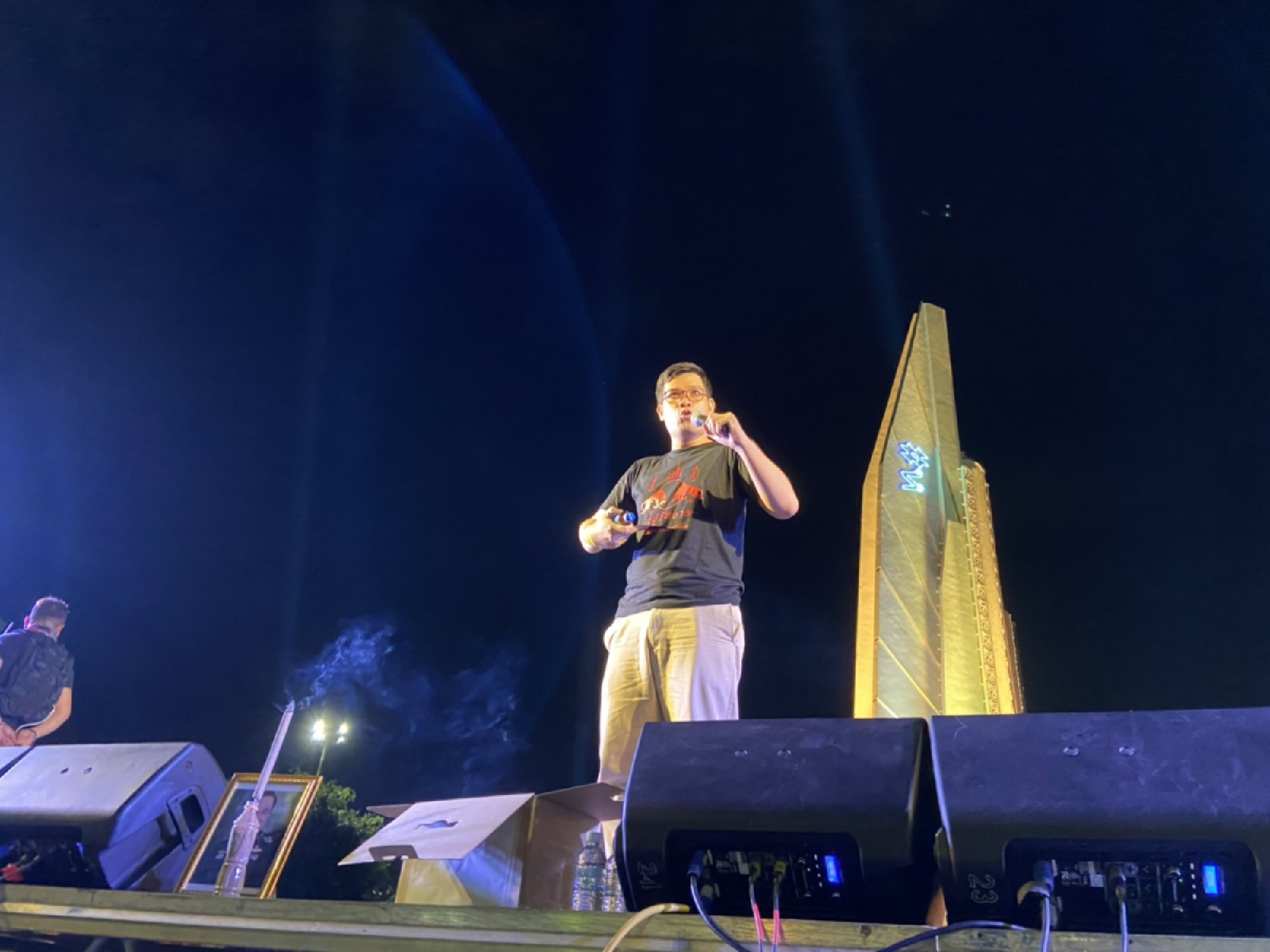 A huge crowd of student-led protesters are closing the roads around Democracy Monument in Bangkok