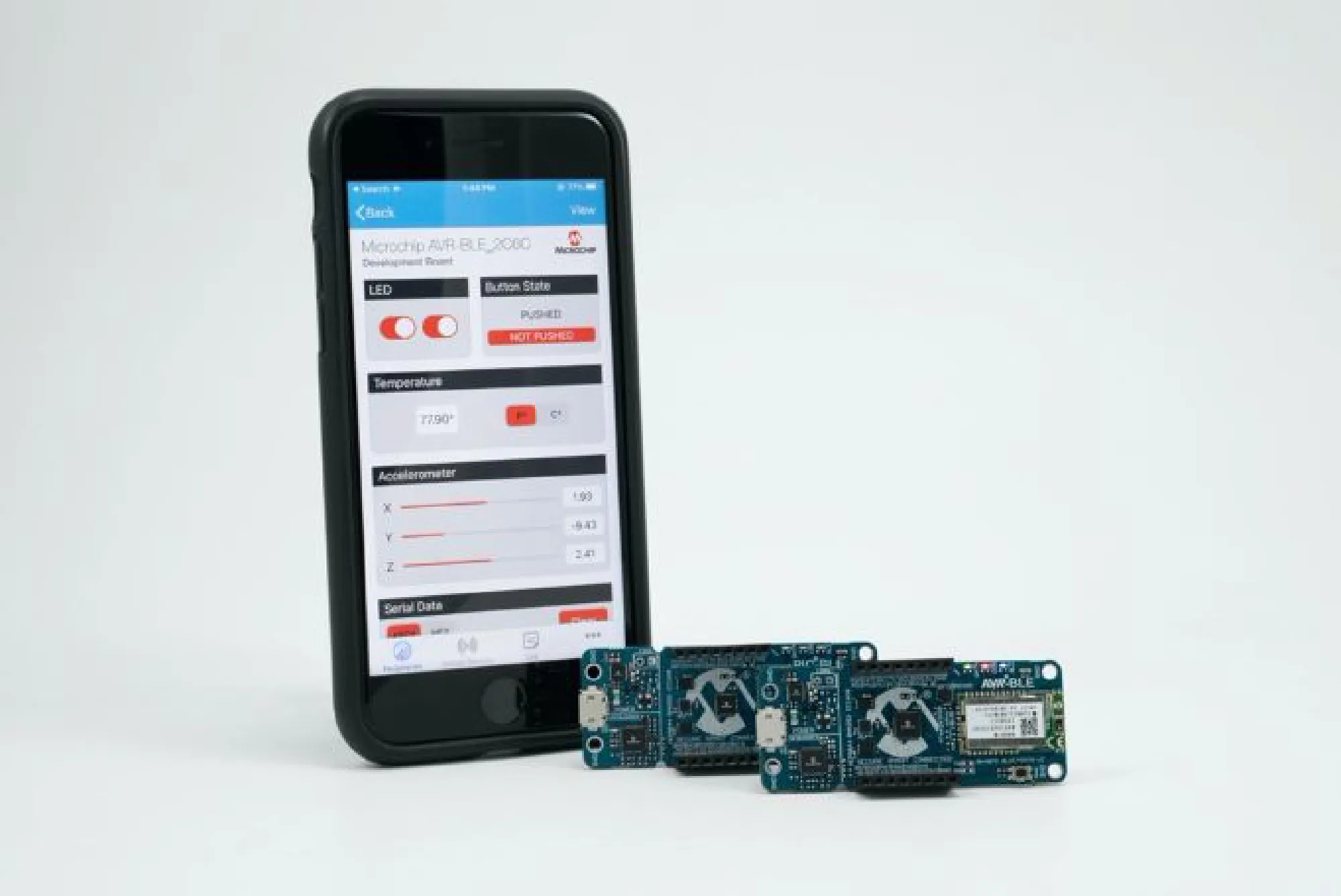 The AVR-BLE and PIC-BLE development boards are pre-configured to connect to your BLE enabled device