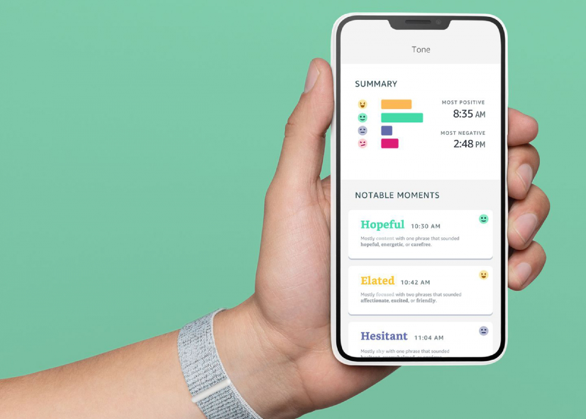 The Halo uses microphones on its band to listen to snippets of conversation and analyze how it thinks you come across to others.  CREDIT: Amazon