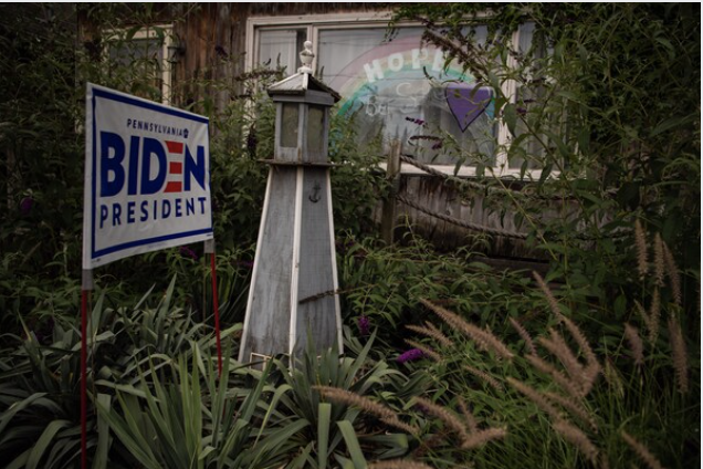 A yard sign in support of Joe Biden is seen in a suburb of Erie, Pa. CREDIT: Washington Post photo by Salwan Georges.