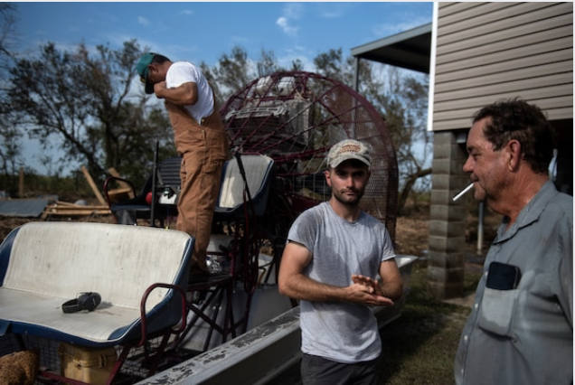 rom left, Tommy Todd, 57, Gabriel Racca, 26, and Mike Trahan, 65, return to their airboat after surveying the damage to Trahan's home from Hurricane Laura in the Little Chenier area of Creole, La. CREDIT: photo for The Washington Post by Callaghan O'Hare.