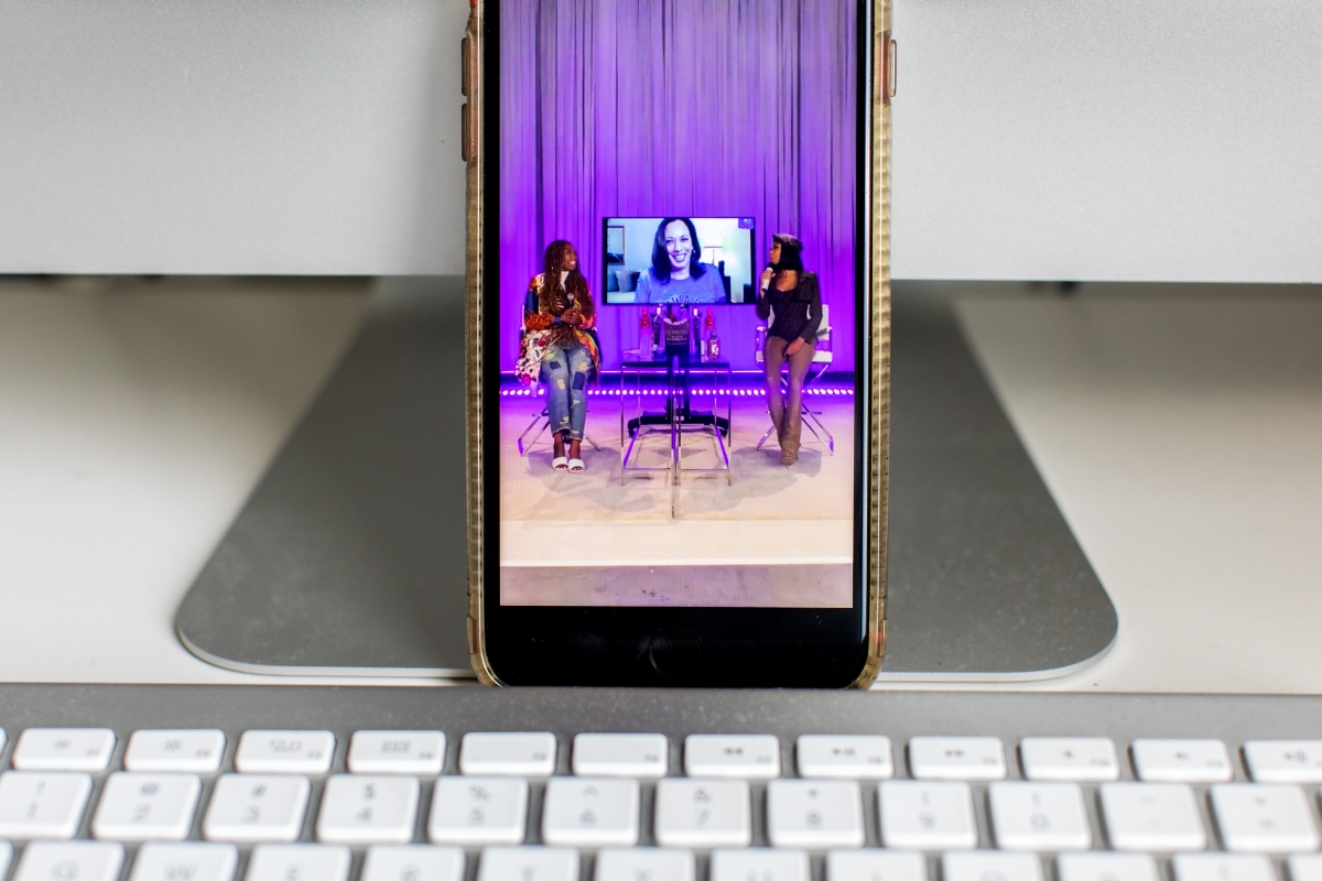 Harris makes an appearance during a Verzuz battle between the singers Brandy and Monica on Instagram Live. MUST CREDIT: Washington Post photo by Demetrius Freeman.
