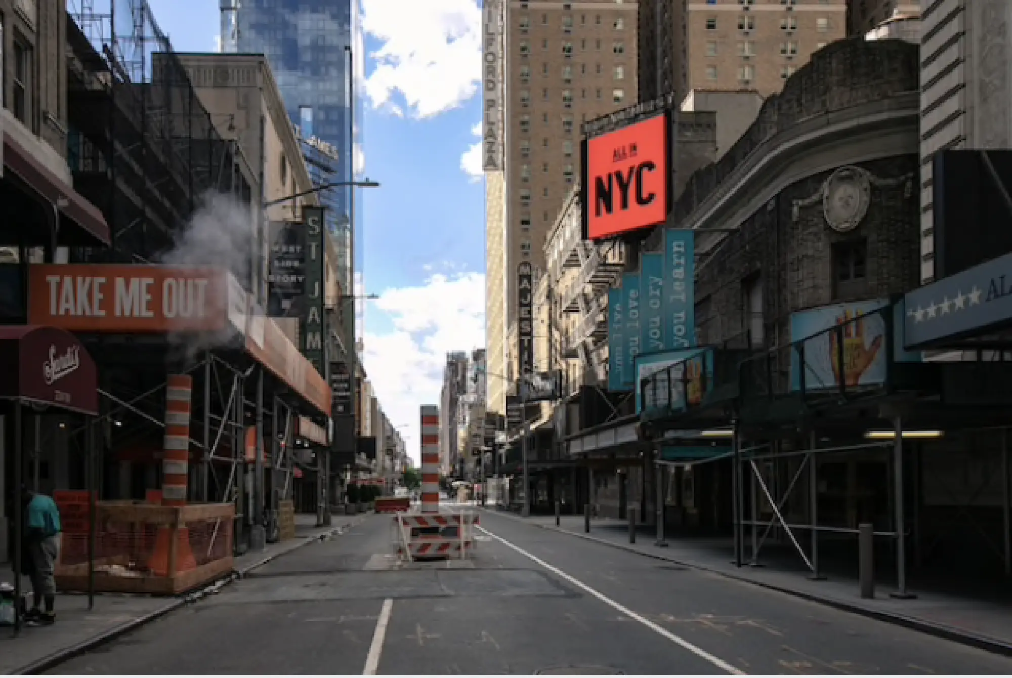 A scene from a deserted Broadway theater district, where venues have been shuttered since March. CREDIT: Photo for The Washington Post by Jeenah Moon