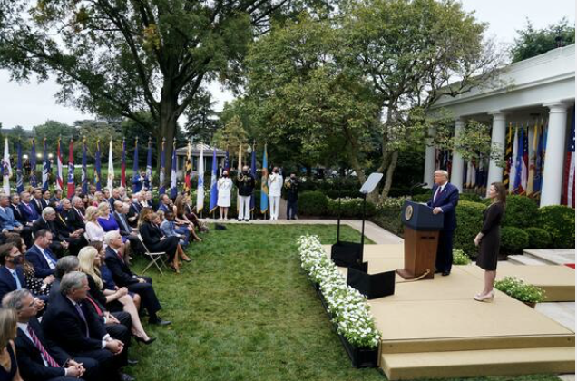 President Trump announces the nomination of Judge Amy Coney Barrett to the Supreme Court on Saturday night at the White House. If confirmed, Barrett would fill the vacancy left by the death of Ruth Bader Ginsburg. MUST CREDIT: Washington Post photo byJabin Botsford