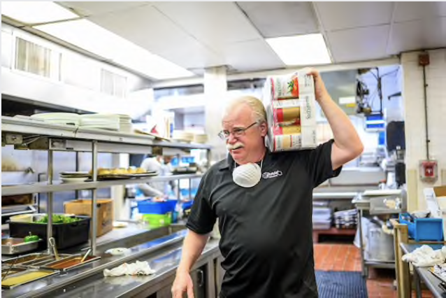 Sunset Restaurant manager Mike Fratantuono, 57, is pictured in the kitchen of his family-run restaurant in Glen Burnie, Md. MUST CREDIT: Photo by Matt Roth for The Washington Post